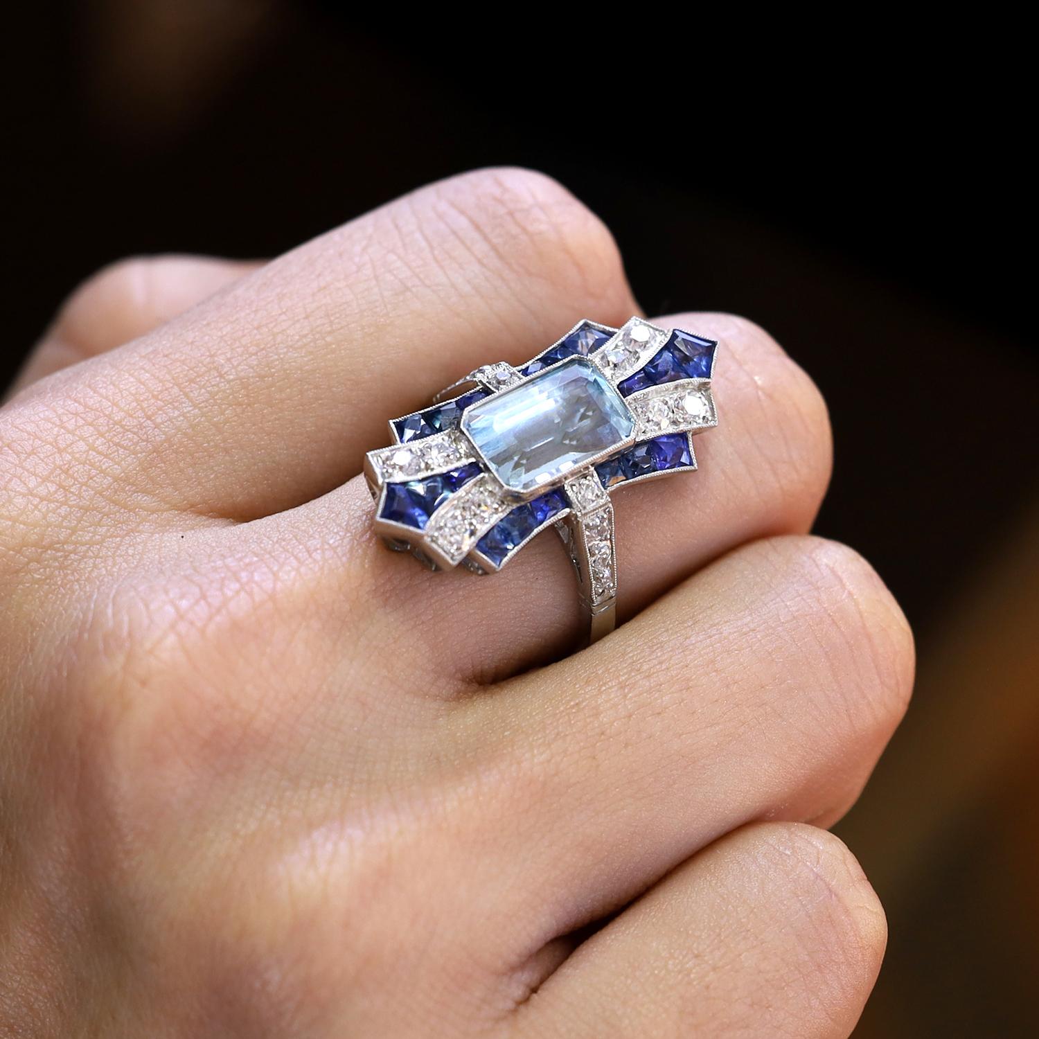 Art Deco Revival 3 Carat Aquamarine Sapphire Elongated Shield Cocktail Ring