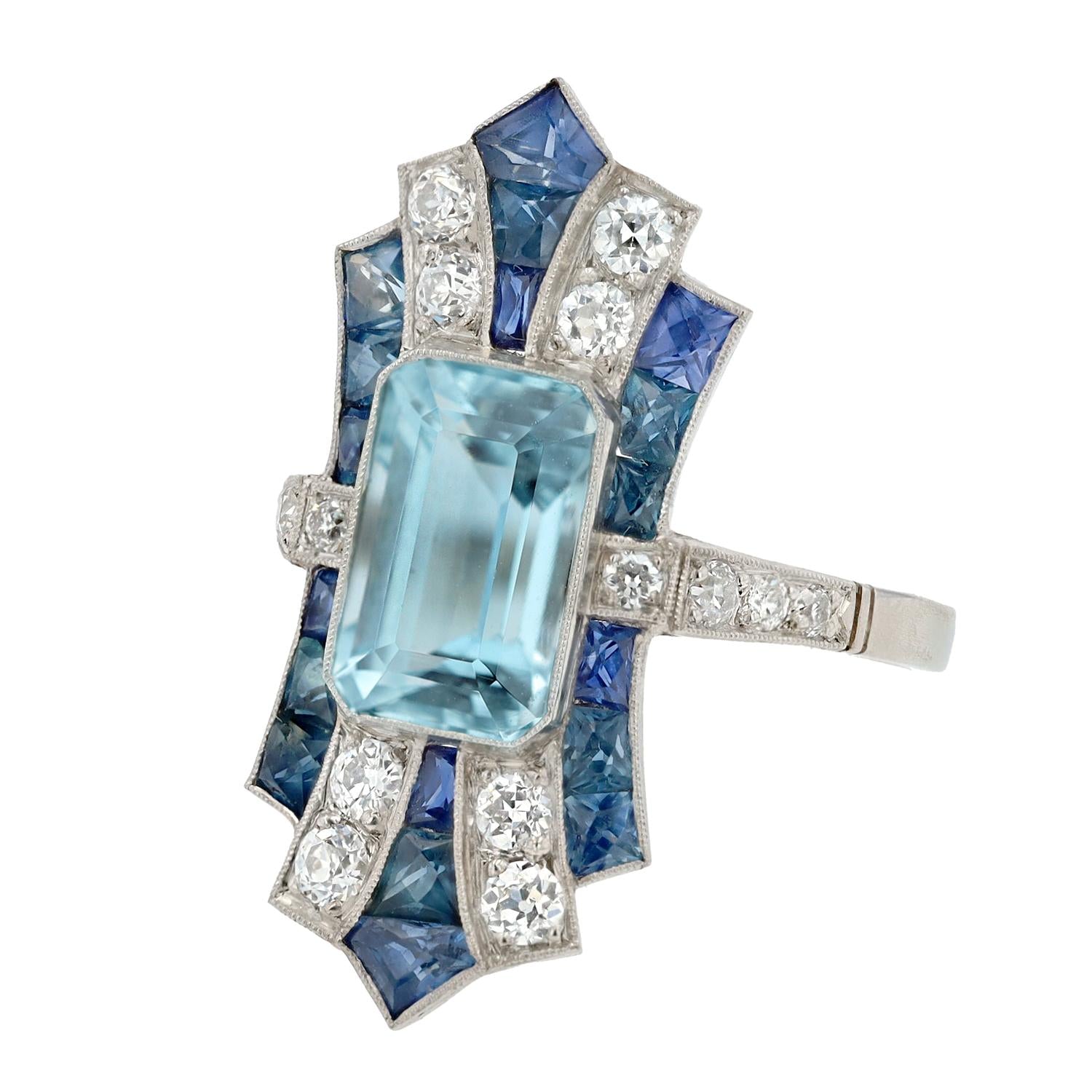 Art Deco Revival 3 Carat Aquamarine Sapphire Elongated Shield Cocktail Ring