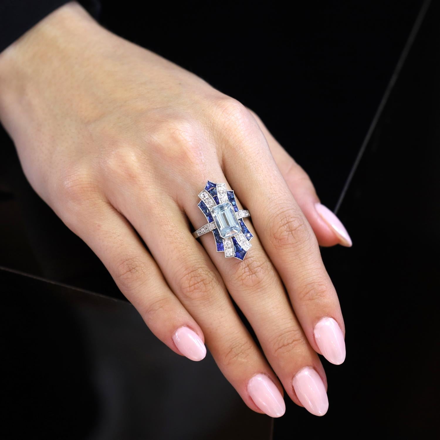 Art Deco Revival 3 Carat Aquamarine Sapphire Elongated Shield Cocktail Ring