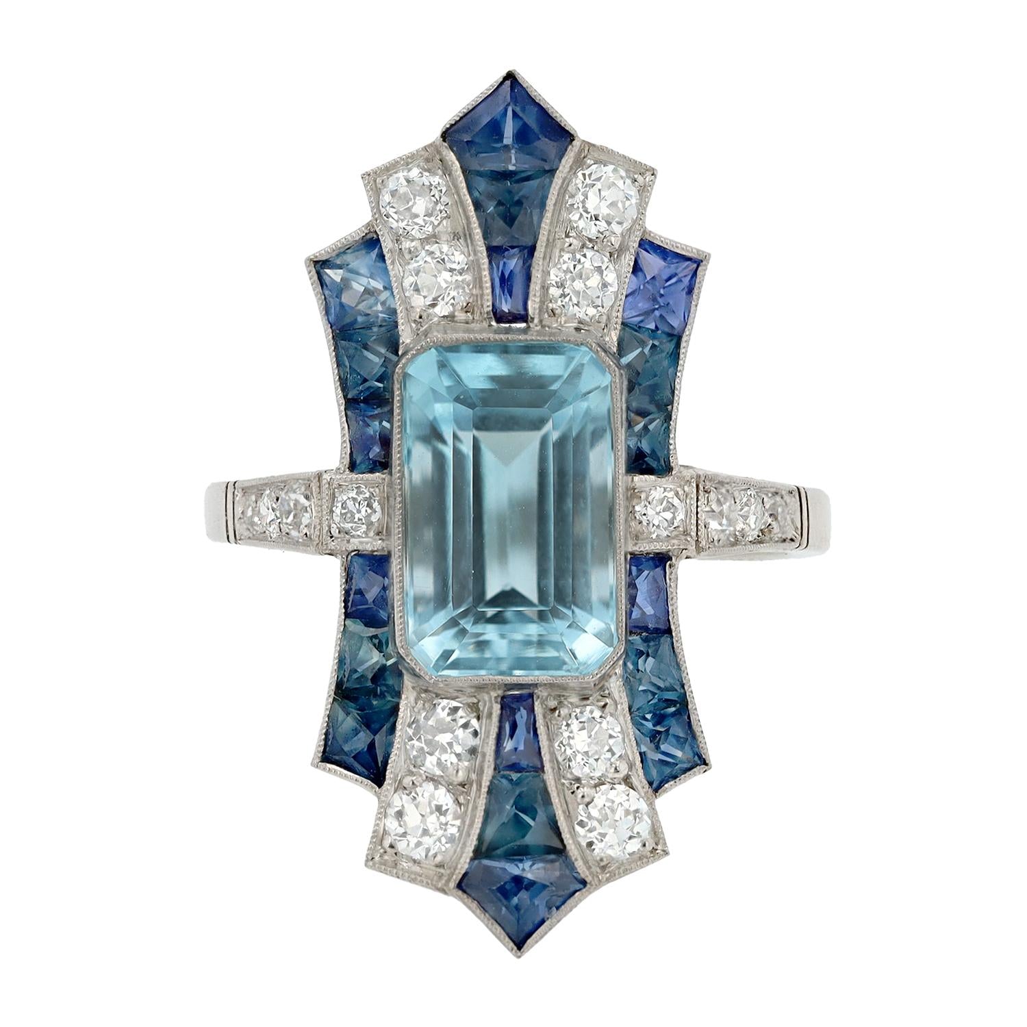 Art Deco Revival 3 Carat Aquamarine Sapphire Elongated Shield Cocktail Ring