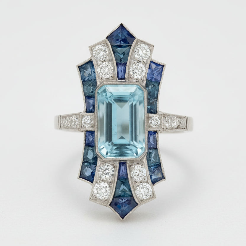 Art Deco Revival 3 Carat Aquamarine Sapphire Elongated Shield Cocktail Ring