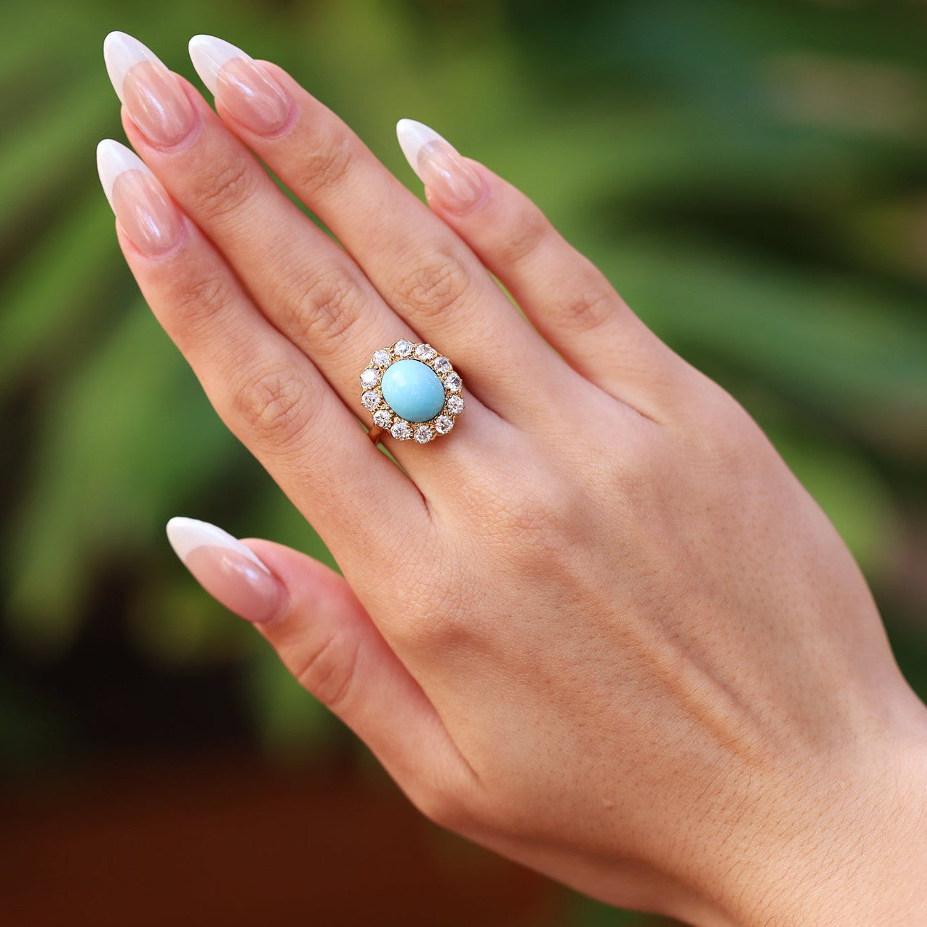 4.67 Carat Turquoise & Old Mine Cut Diamond Halo Ring