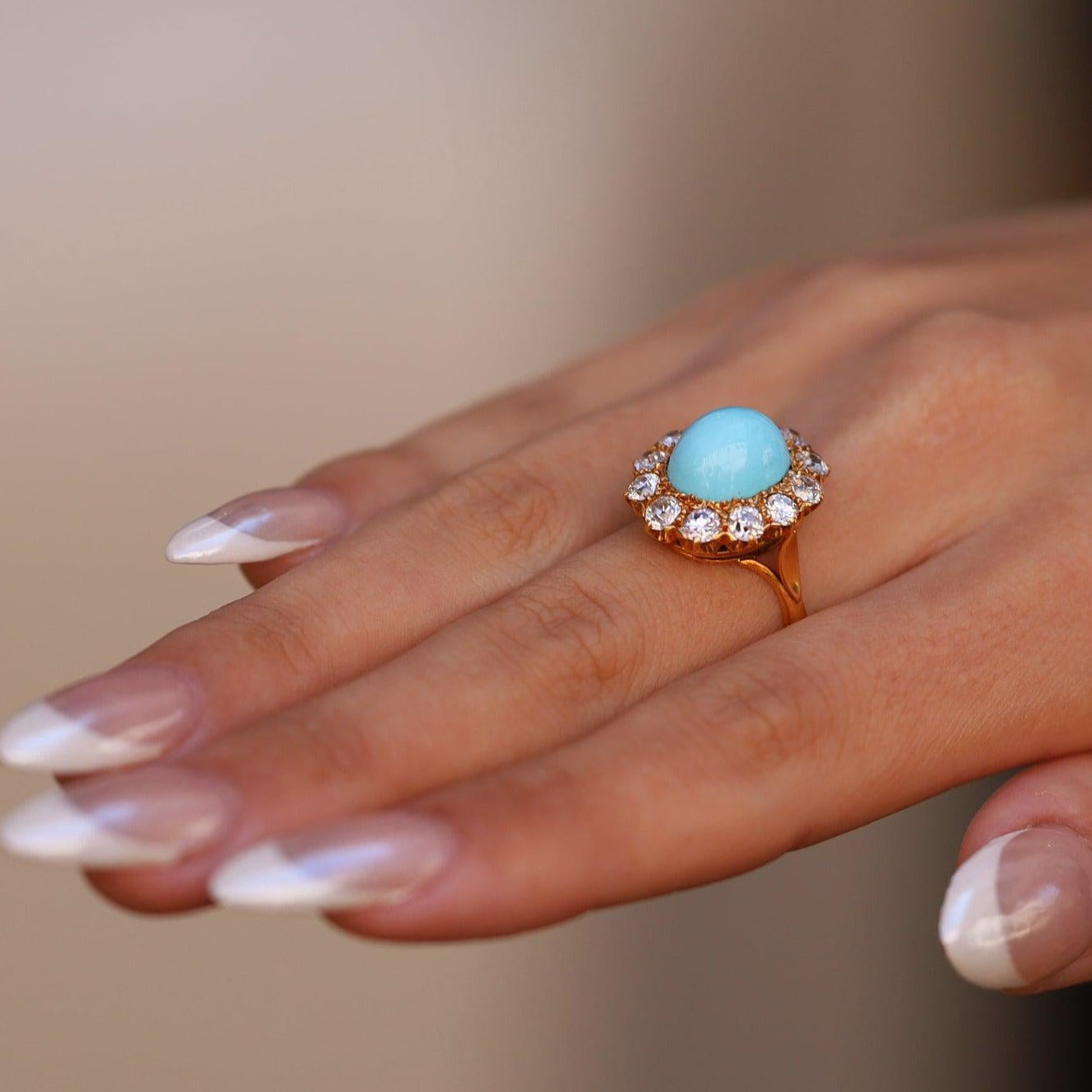 4.67 Carat Turquoise & Old Mine Cut Diamond Halo Ring