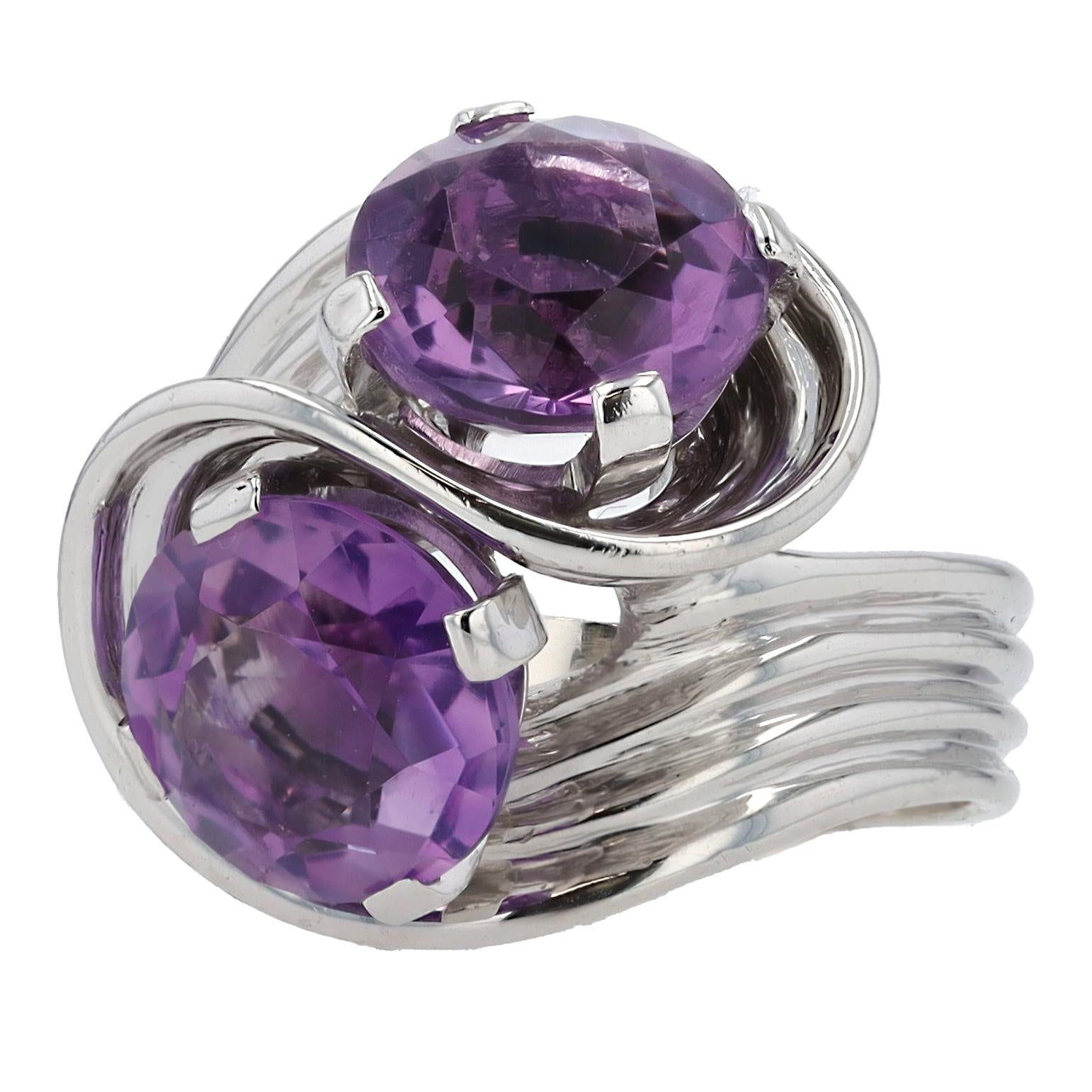 Retro 14k White Gold Amethyst Toi et Moi Cocktail Ring