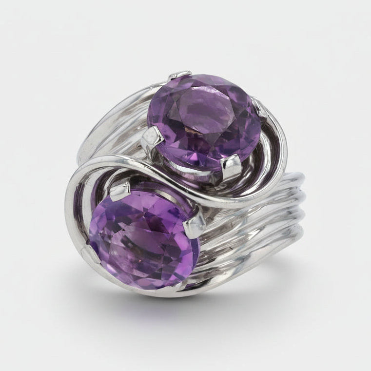Retro 14k White Gold Amethyst Toi et Moi Cocktail Ring