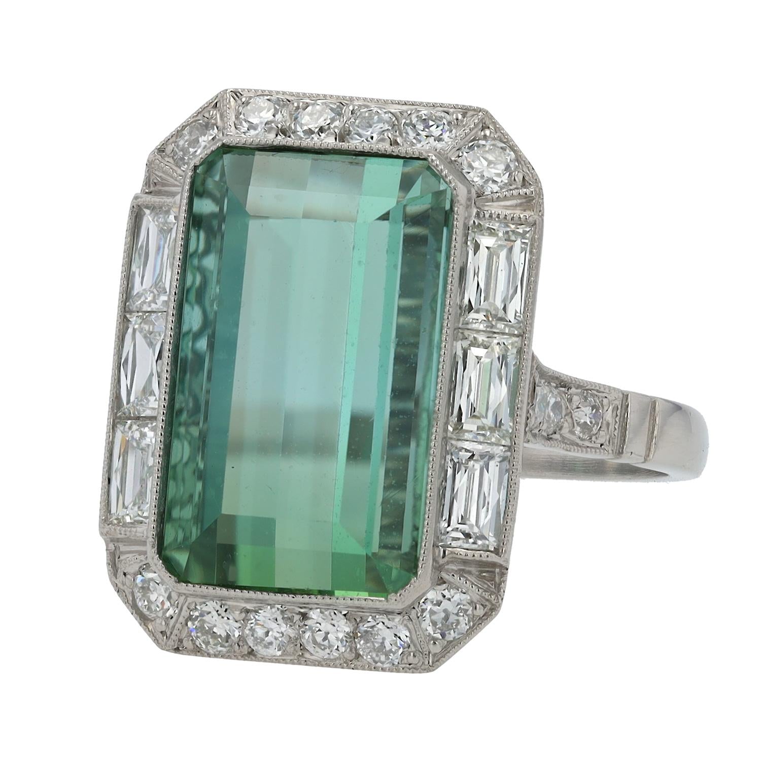 Art Deco Revival 8 Carat Emerald Cut Tourmaline & Diamond Platinum Ring