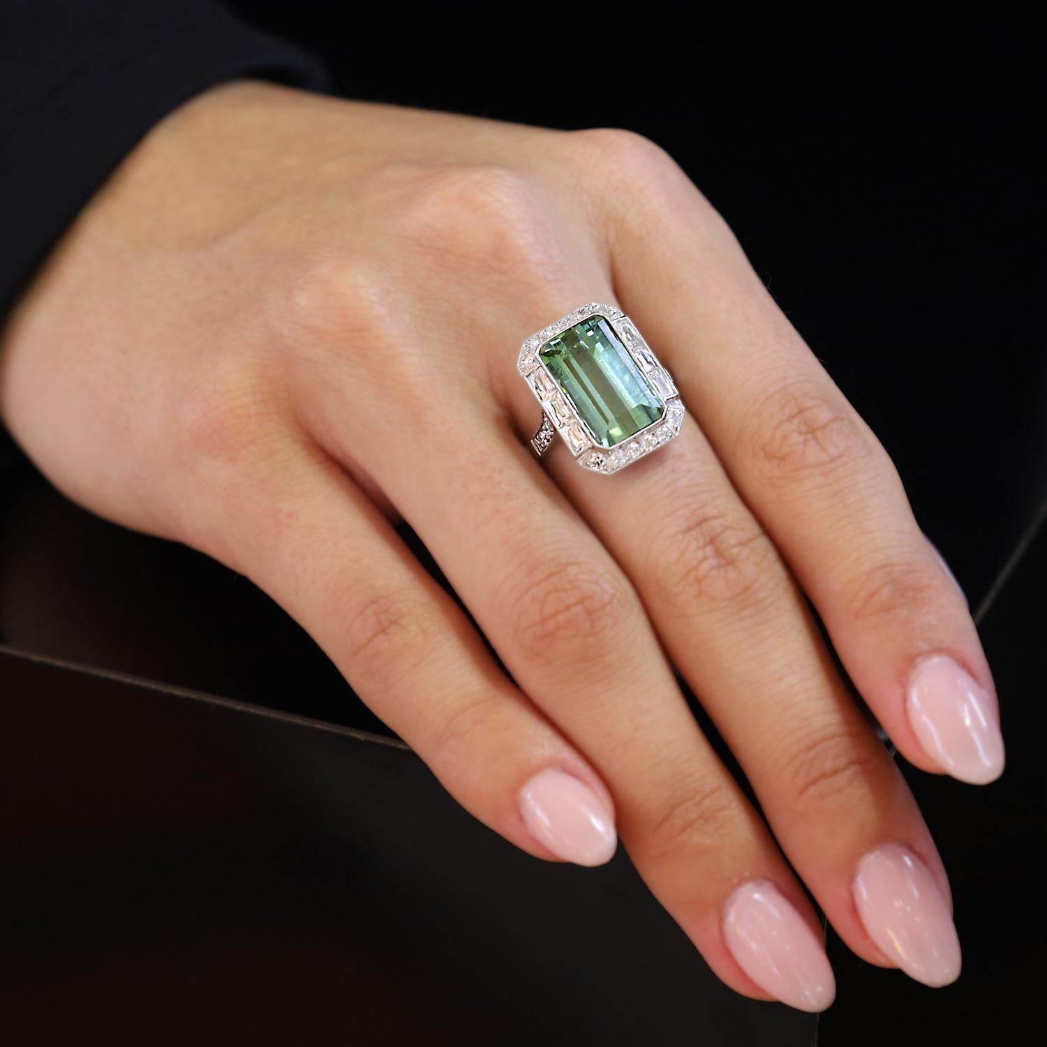 Art Deco Revival 8 Carat Emerald Cut Tourmaline & Diamond Platinum Ring