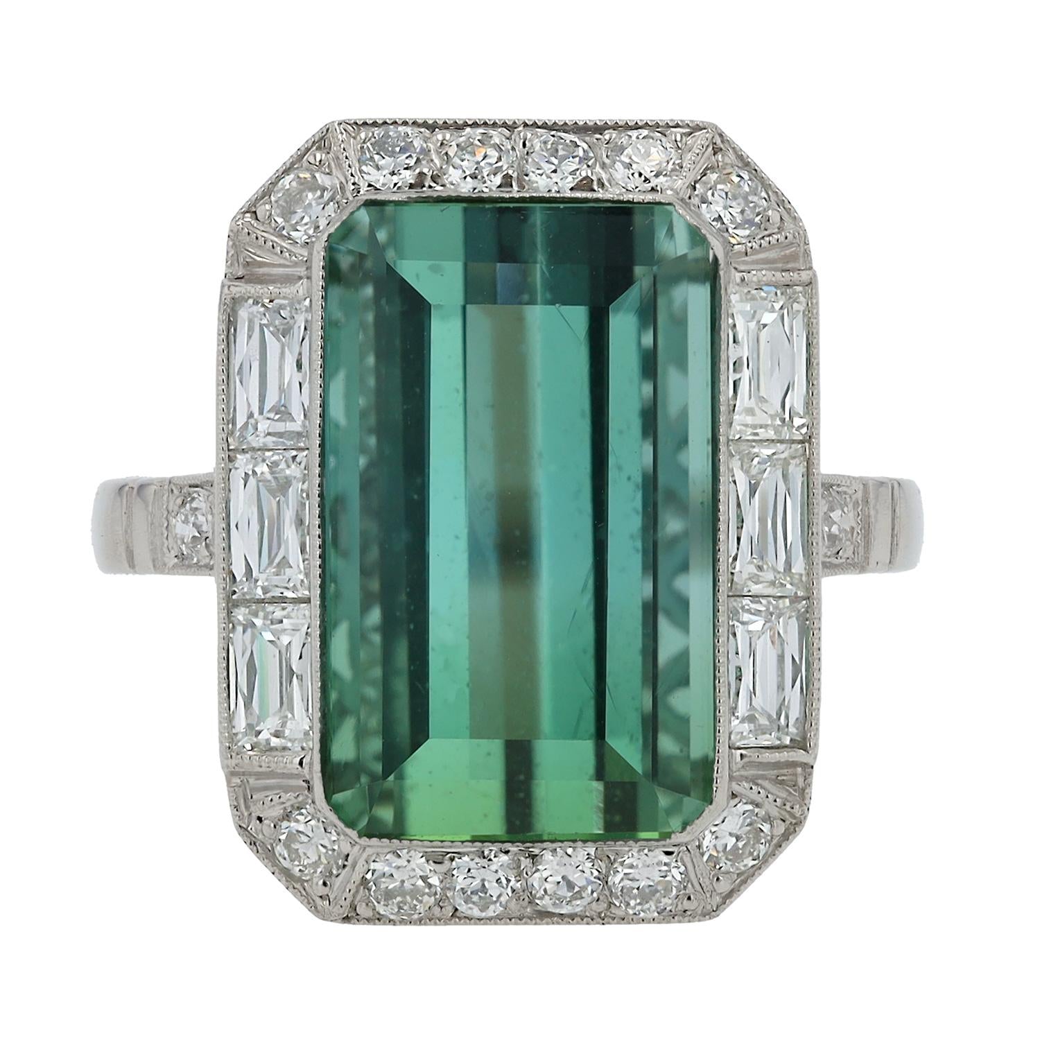 Art Deco Revival 8 Carat Emerald Cut Tourmaline & Diamond Platinum Ring
