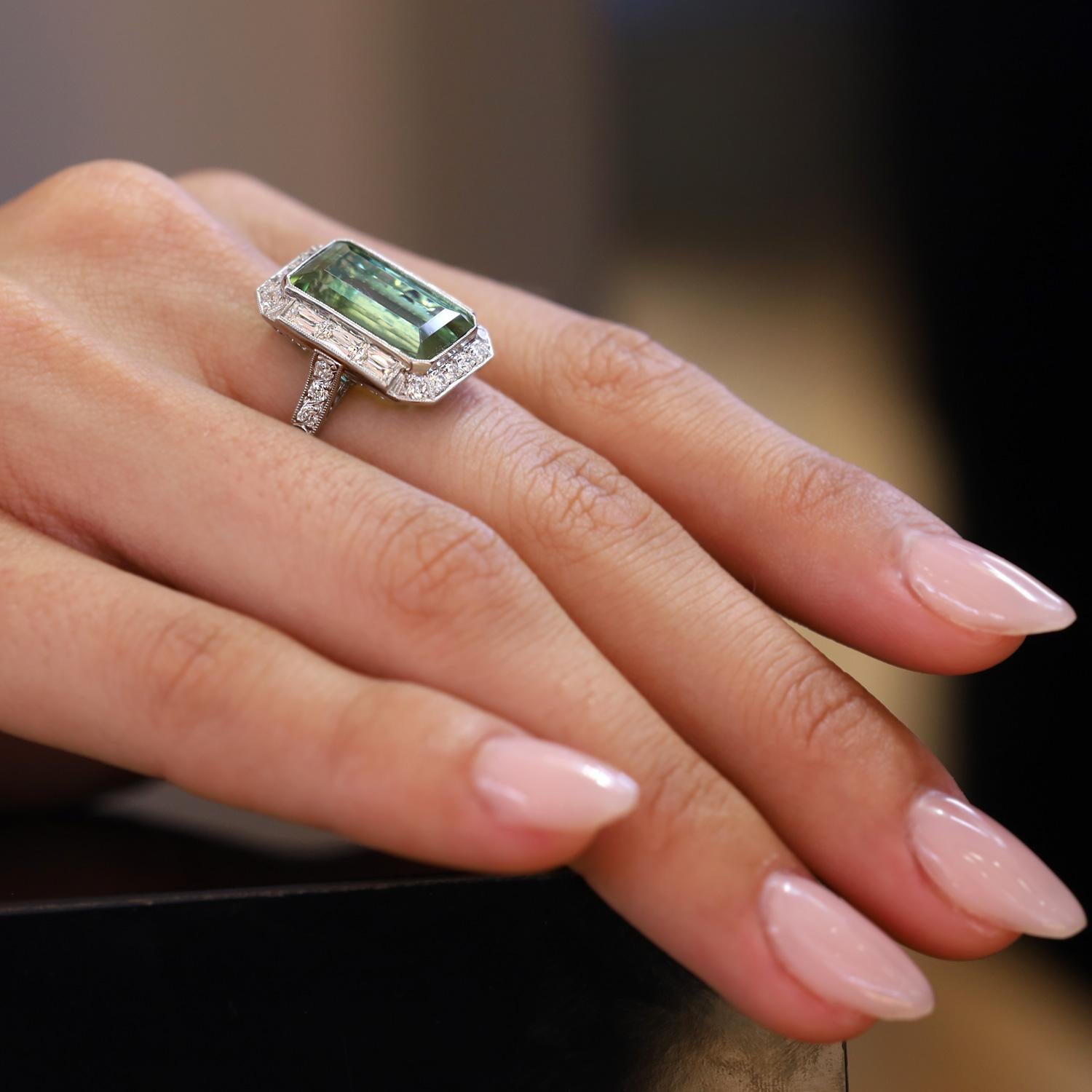 Art Deco Revival 8 Carat Emerald Cut Tourmaline & Diamond Platinum Ring