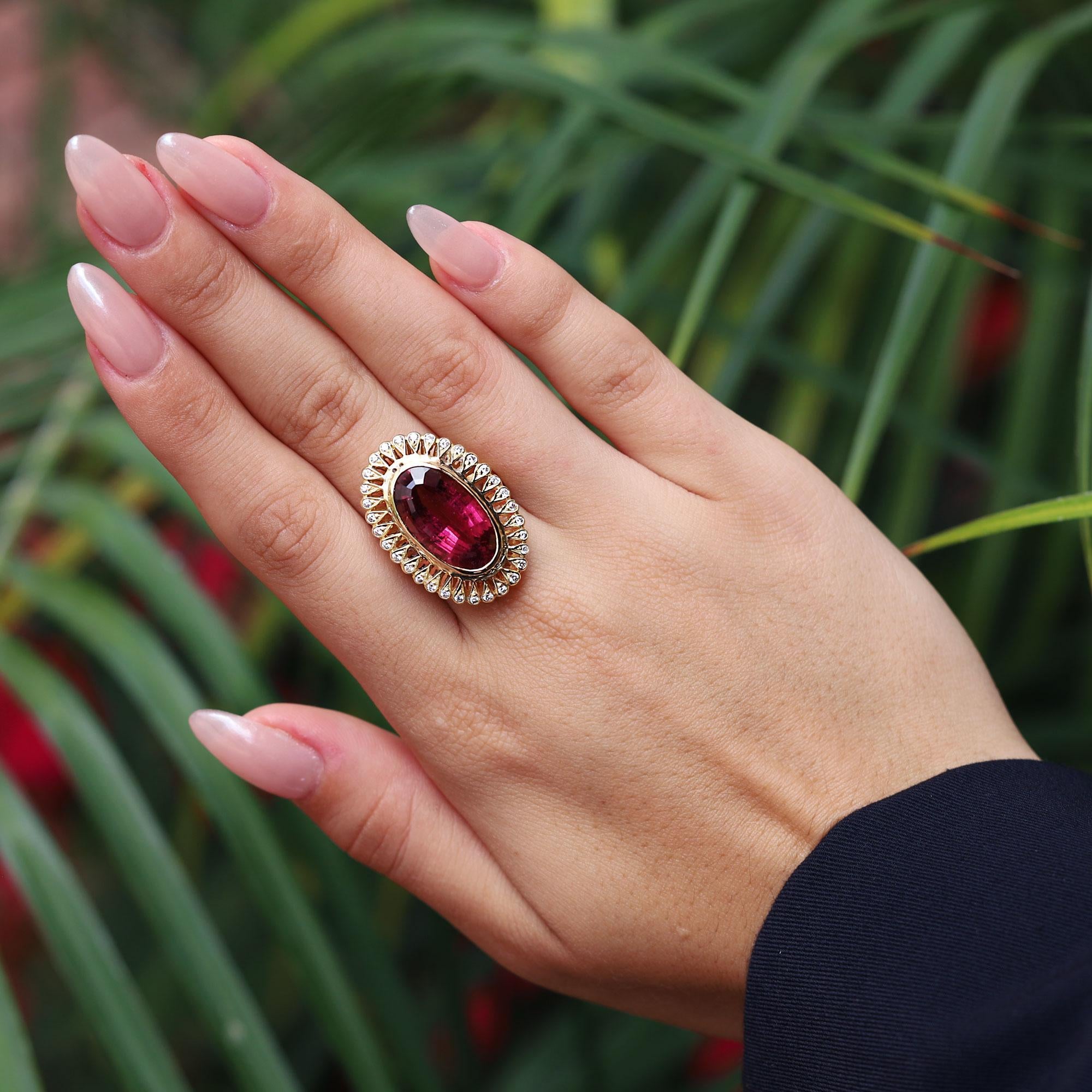 9.25 Carat Rubellite Tourmaline and Diamond Vintage Cocktail Ring