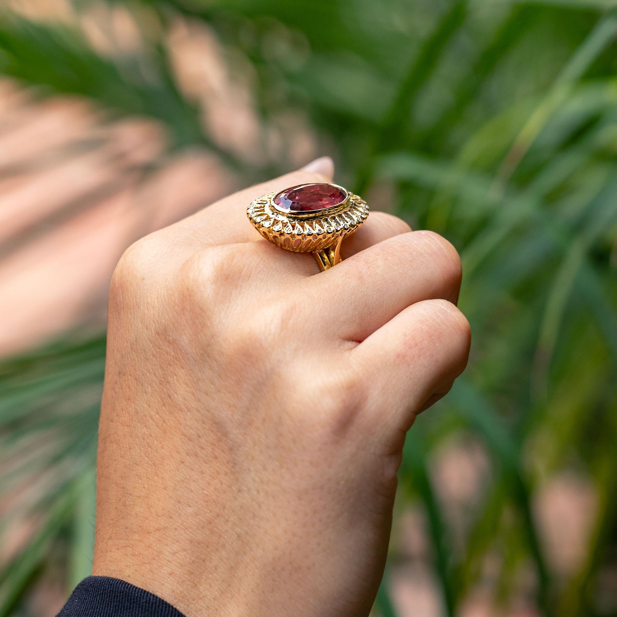 9.25 Carat Rubellite Tourmaline and Diamond Vintage Cocktail Ring