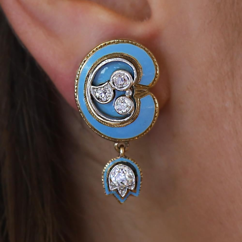 Antique Old Mine Diamond 14k Gold Blue Enamel Dangle Earrings