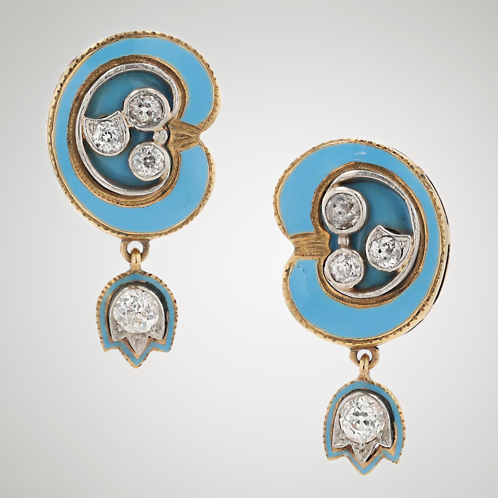 Antique Old Mine Diamond 14k Gold Blue Enamel Dangle Earrings