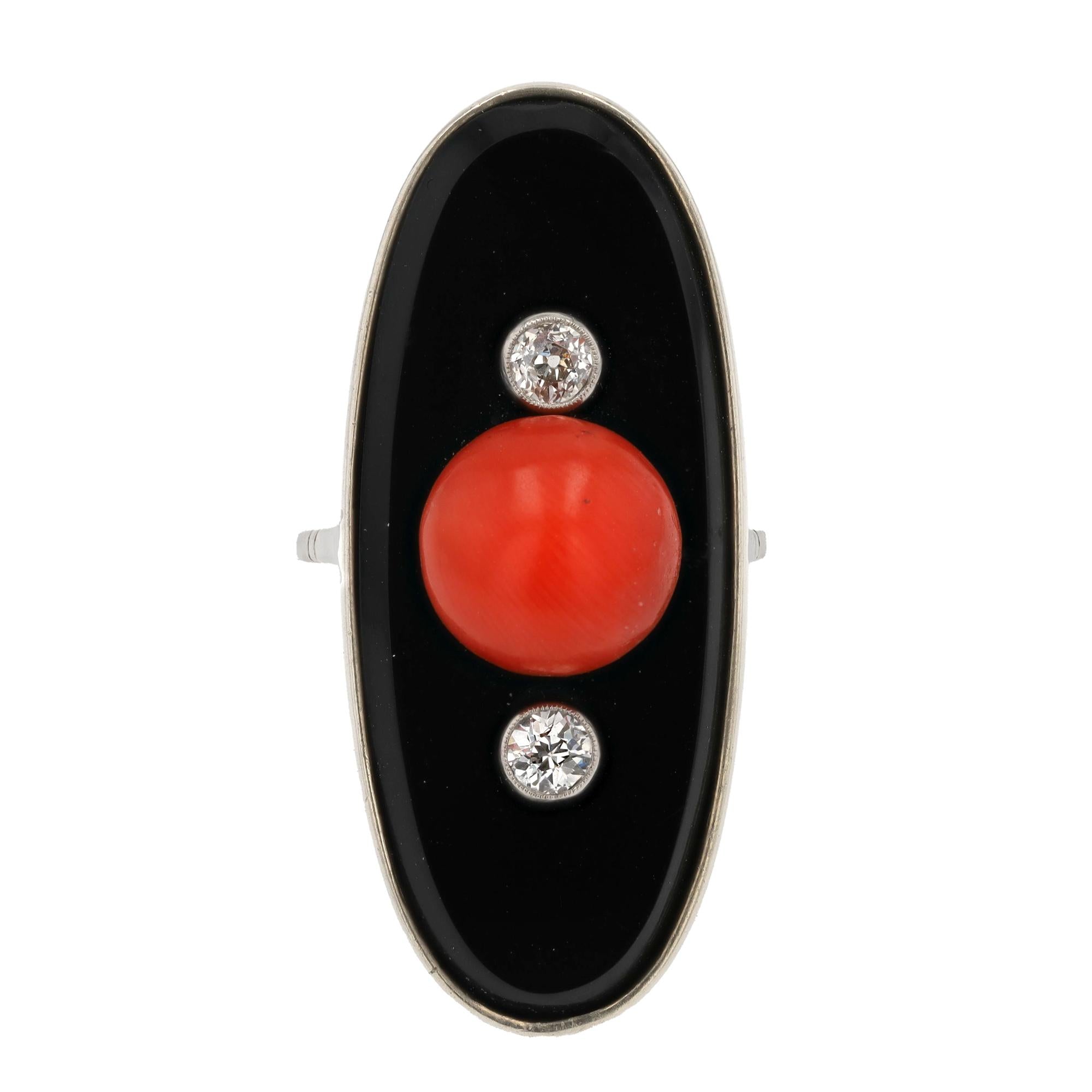 Art Deco Coral Onyx & Diamond Cocktail Trilogy Ring
