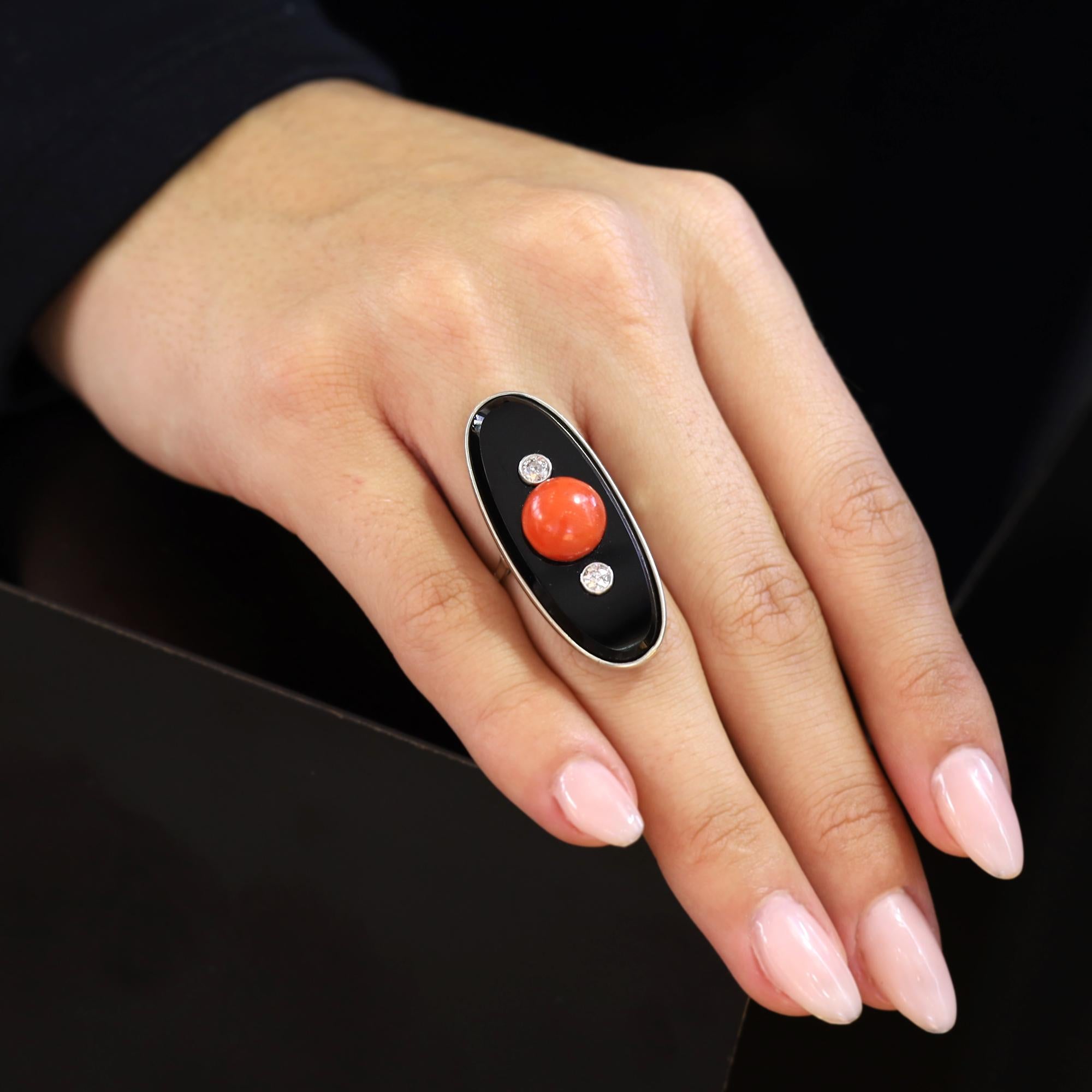 Art Deco Coral Onyx & Diamond Cocktail Trilogy Ring