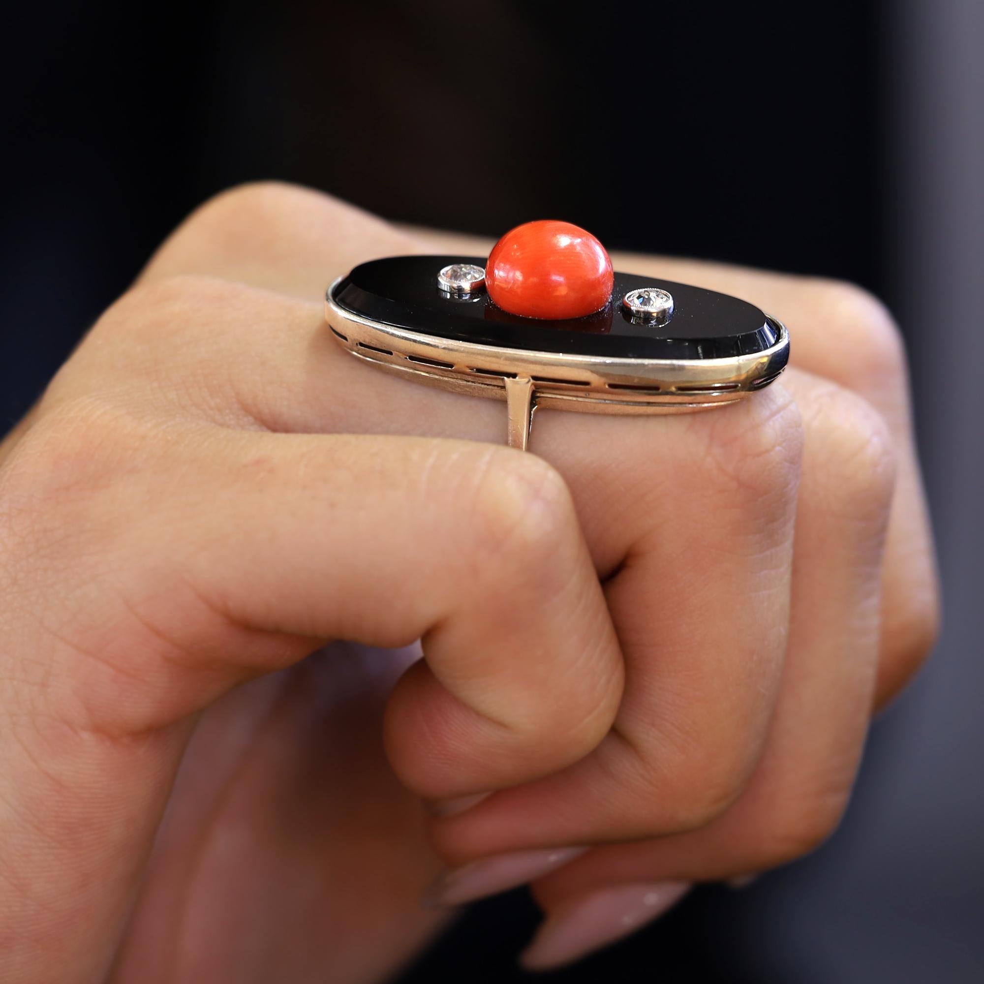 Art Deco Coral Onyx & Diamond Cocktail Trilogy Ring