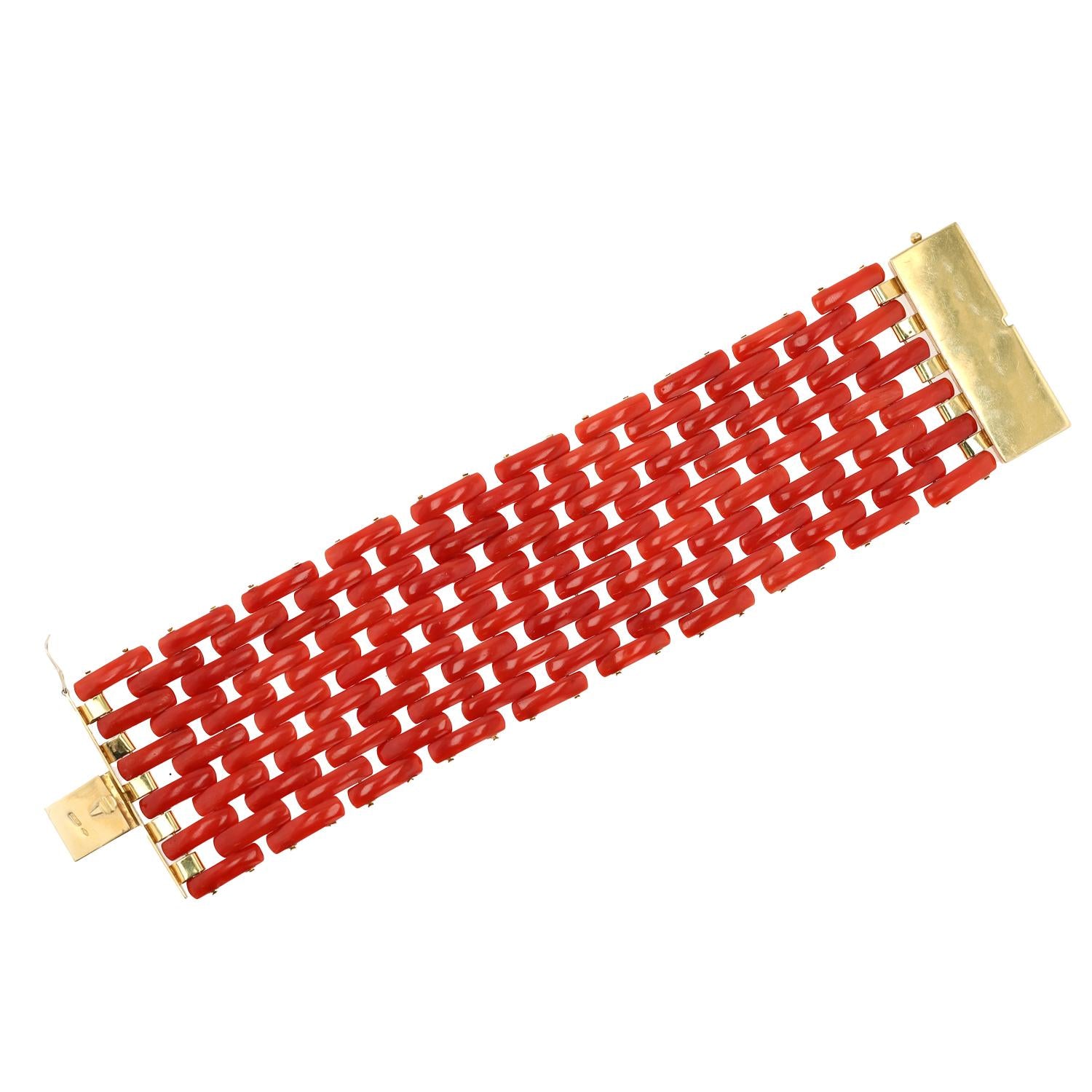 Retro Red Coral and 18k Gold Wide Tank Bracelet