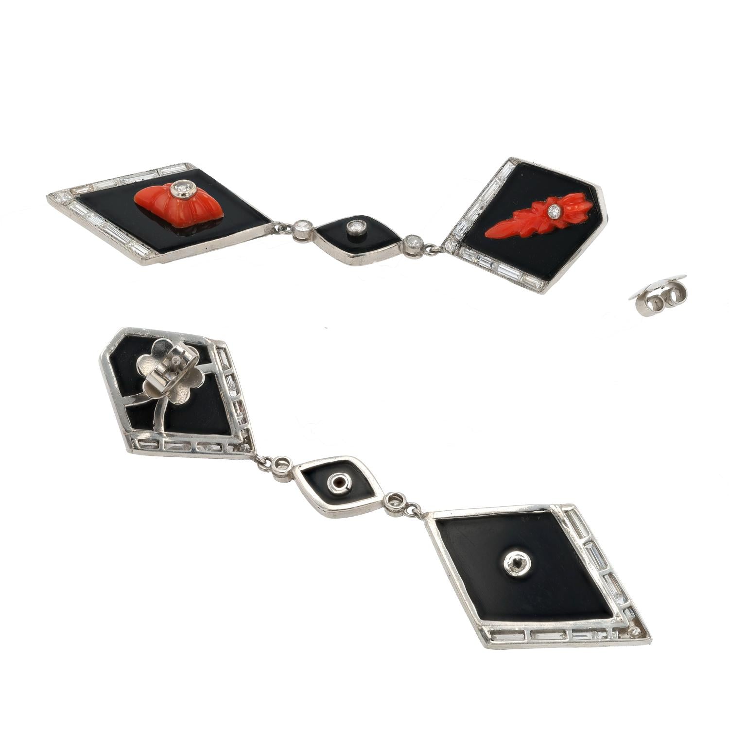 Exquisite Art Deco Onyx Coral & Diamond Platinum Drop Earrings