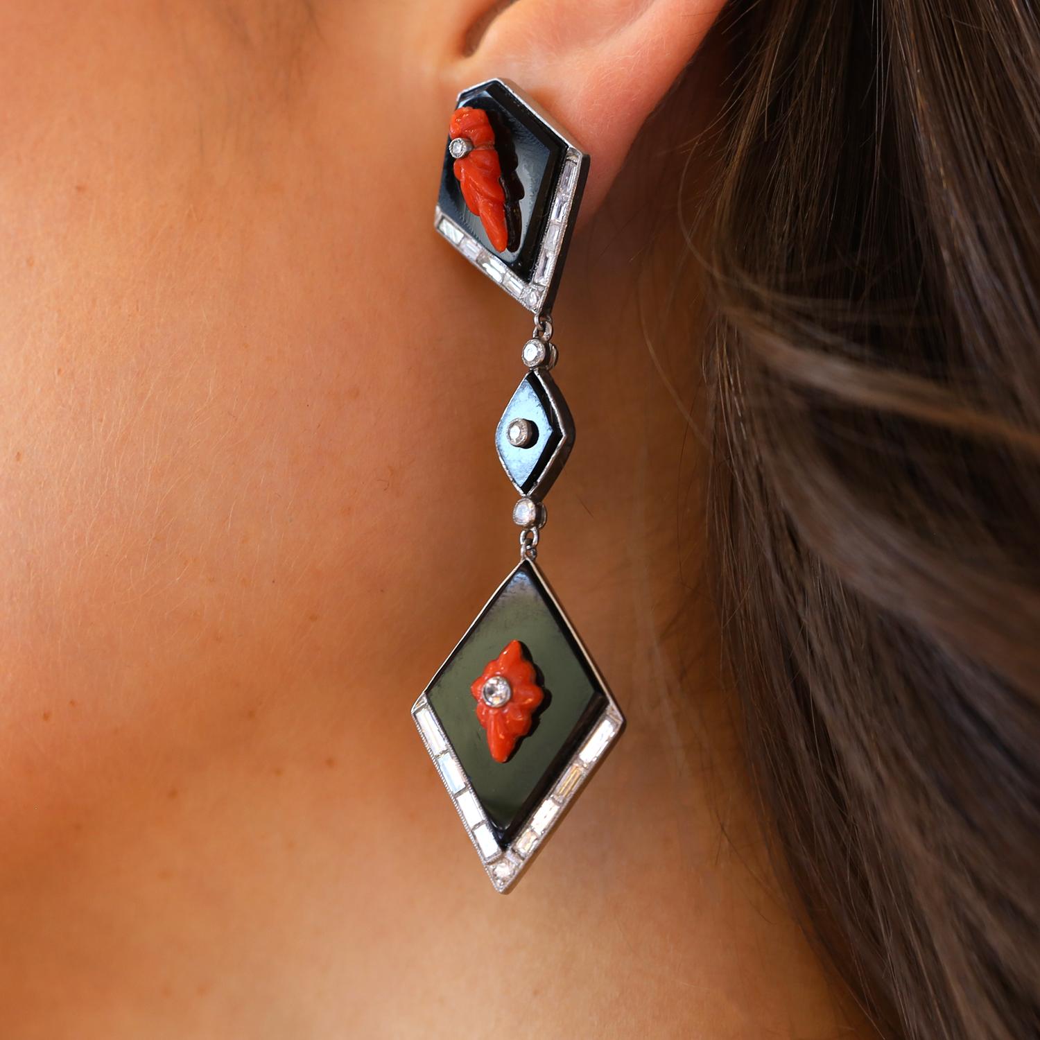 Exquisite Art Deco Onyx Coral & Diamond Platinum Drop Earrings
