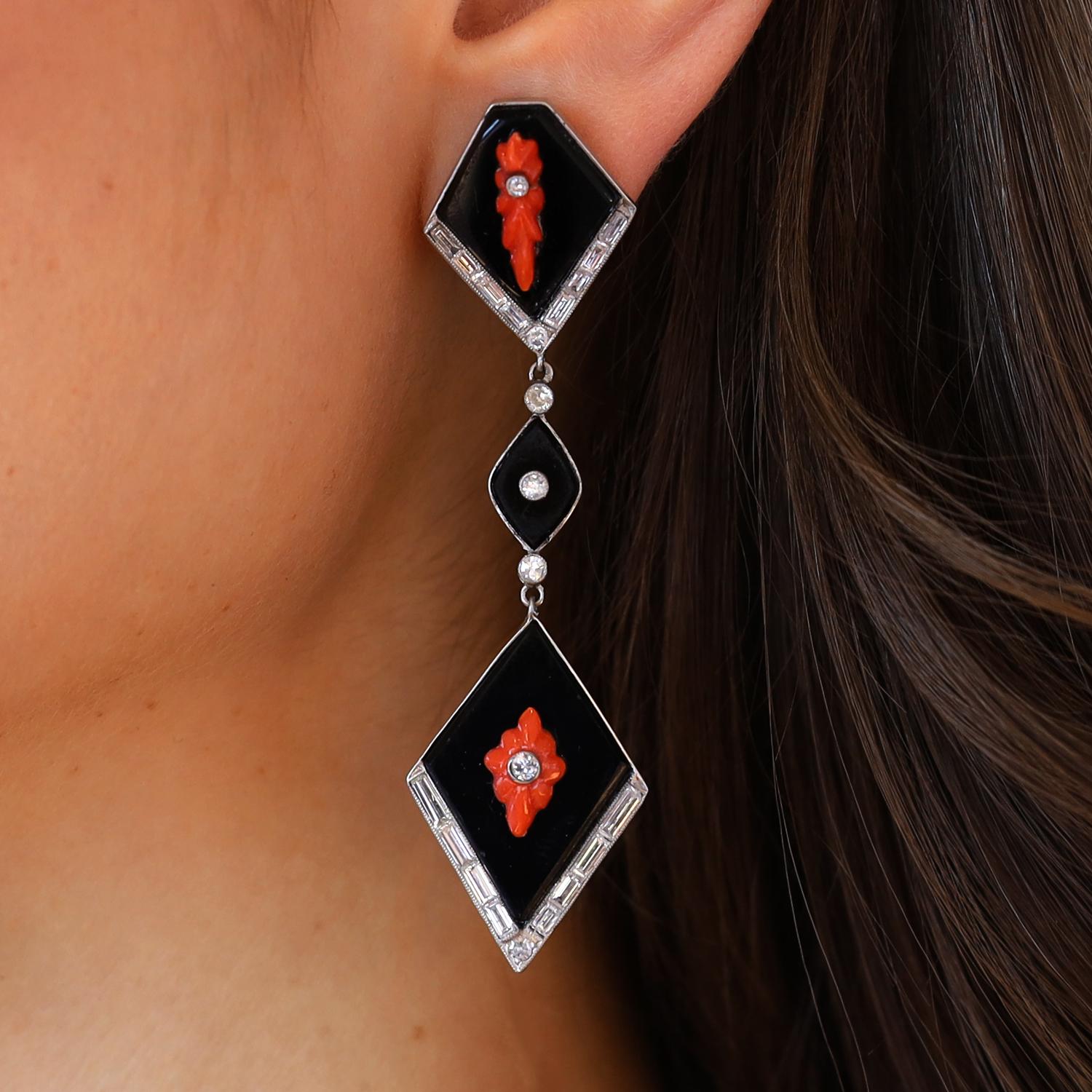 Exquisite Art Deco Onyx Coral & Diamond Platinum Drop Earrings