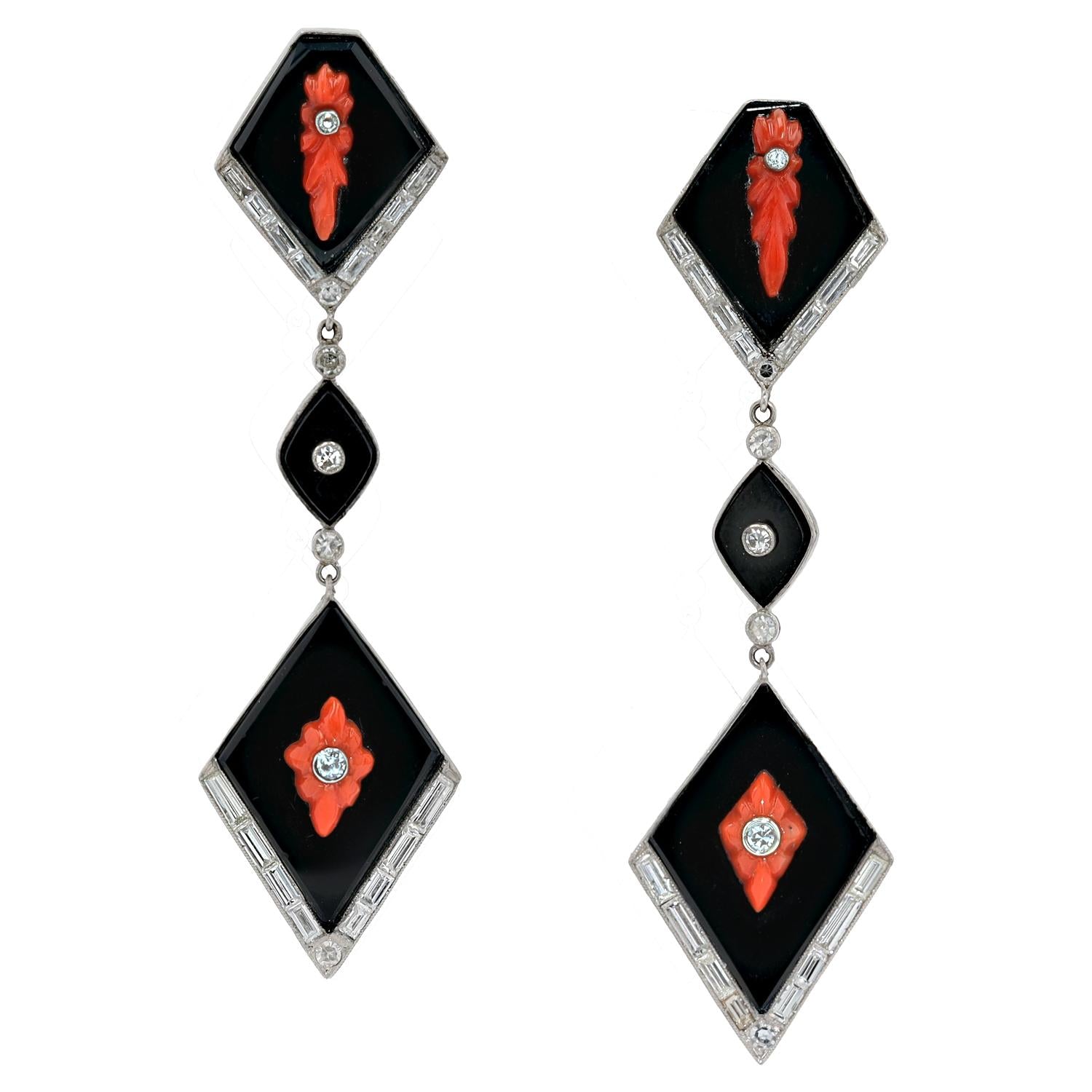 Exquisite Art Deco Onyx Coral & Diamond Platinum Drop Earrings
