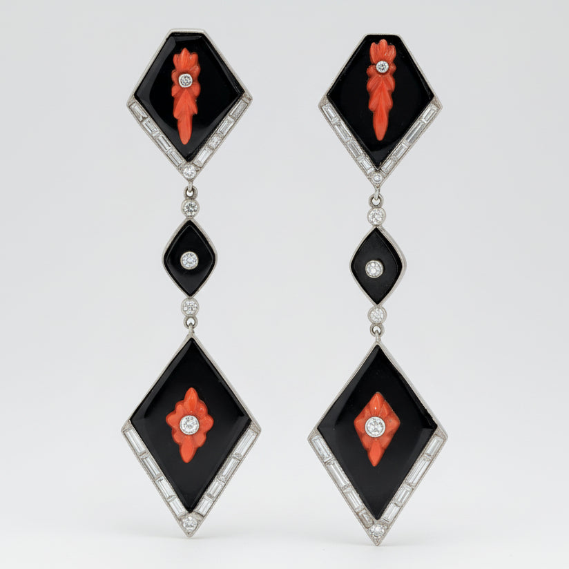Exquisite Art Deco Onyx Coral & Diamond Platinum Drop Earrings