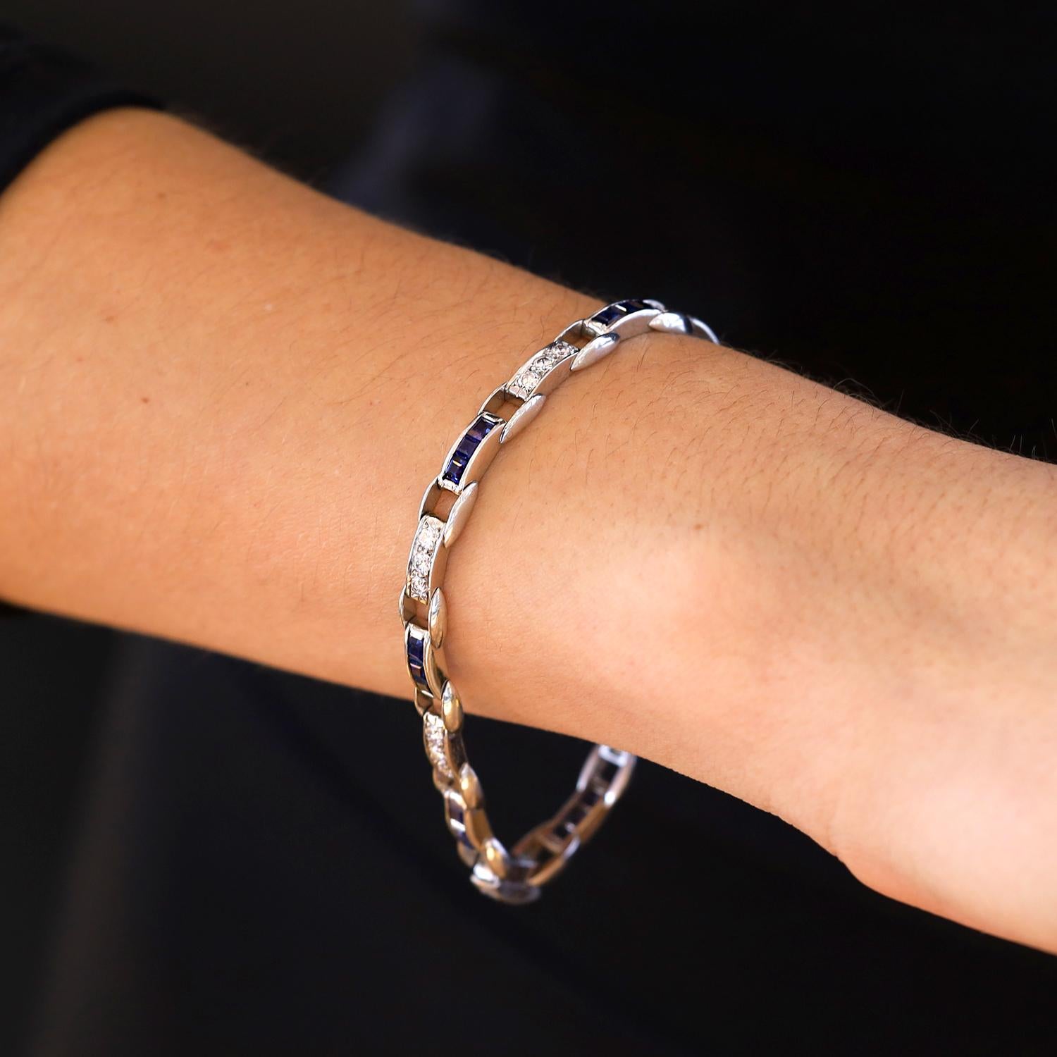 Art Deco Platinum French Cut Sapphire and Diamond Straight Line Bracelet