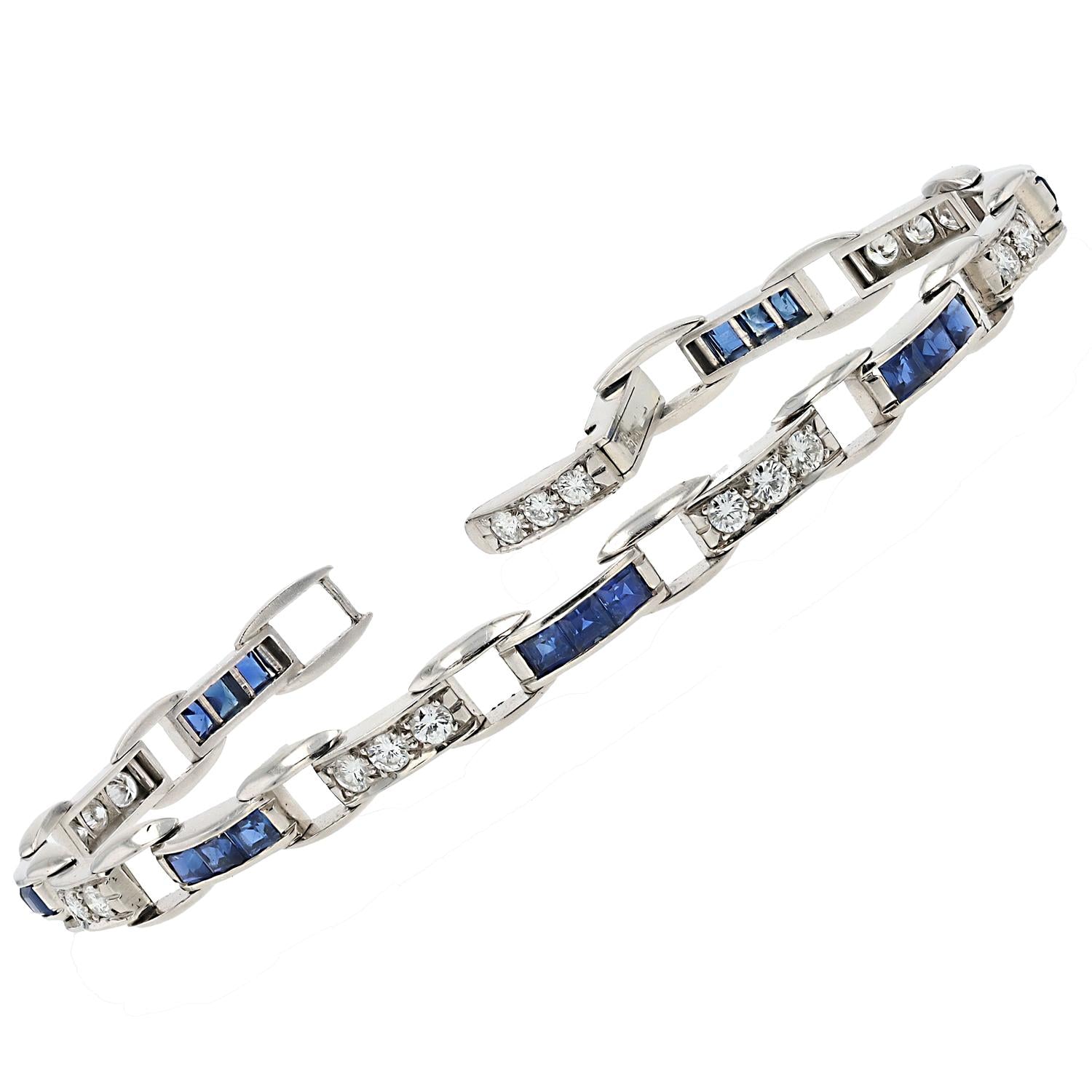Art Deco Platinum French Cut Sapphire and Diamond Straight Line Bracelet