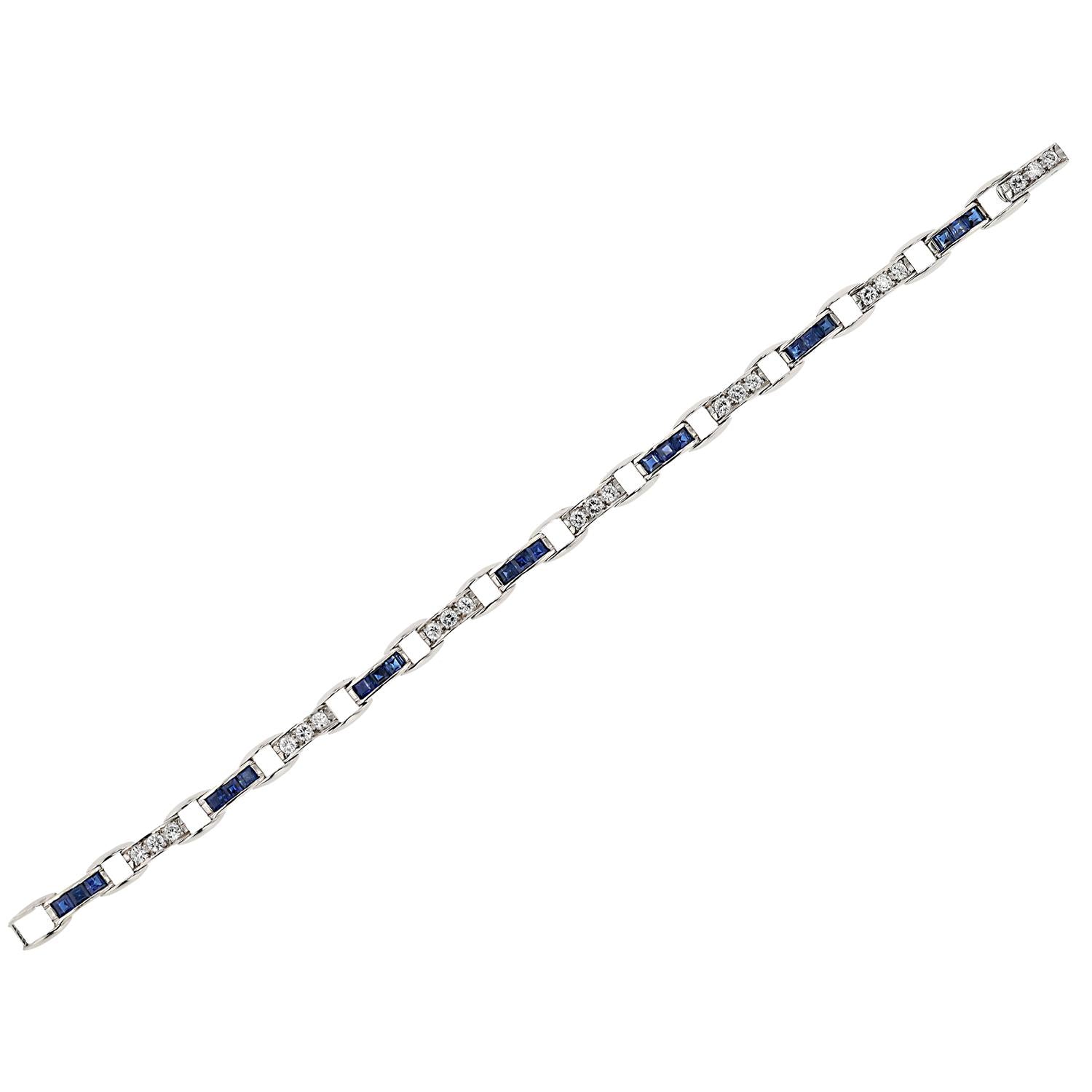 Art Deco Platinum French Cut Sapphire and Diamond Straight Line Bracelet
