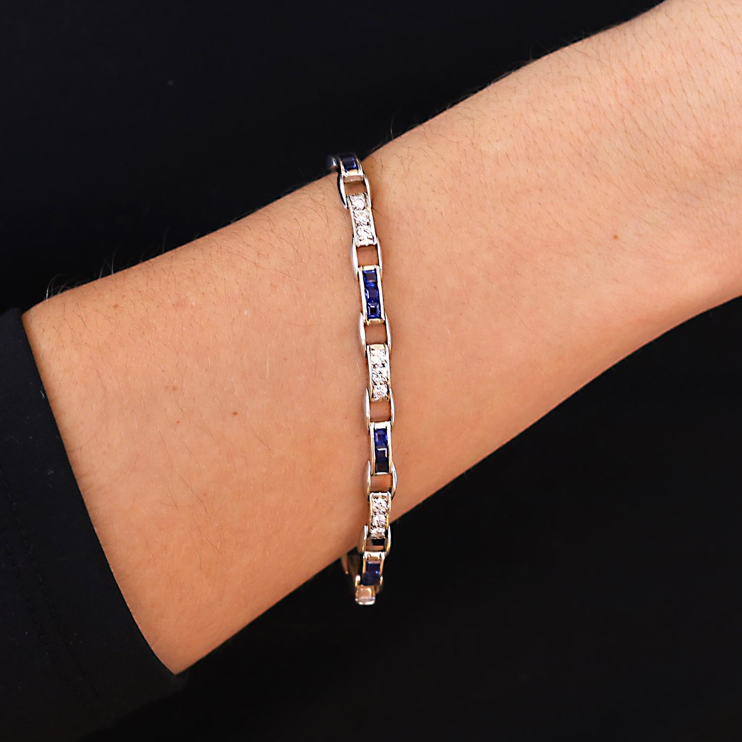 Art Deco Platinum French Cut Sapphire and Diamond Straight Line Bracelet
