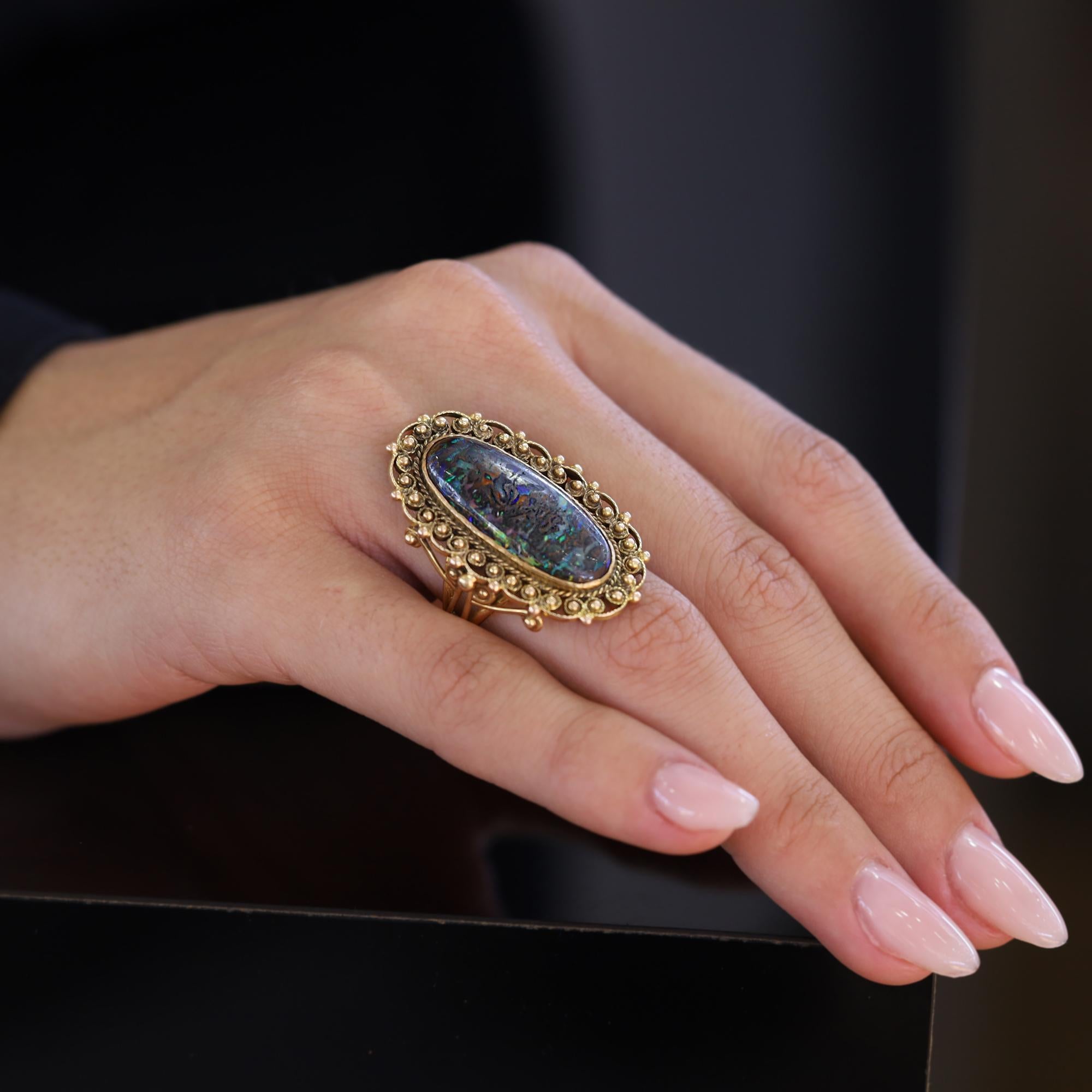 Art Nouveau 7 Carat Boulder Opal 14k Filigree Dinner Ring