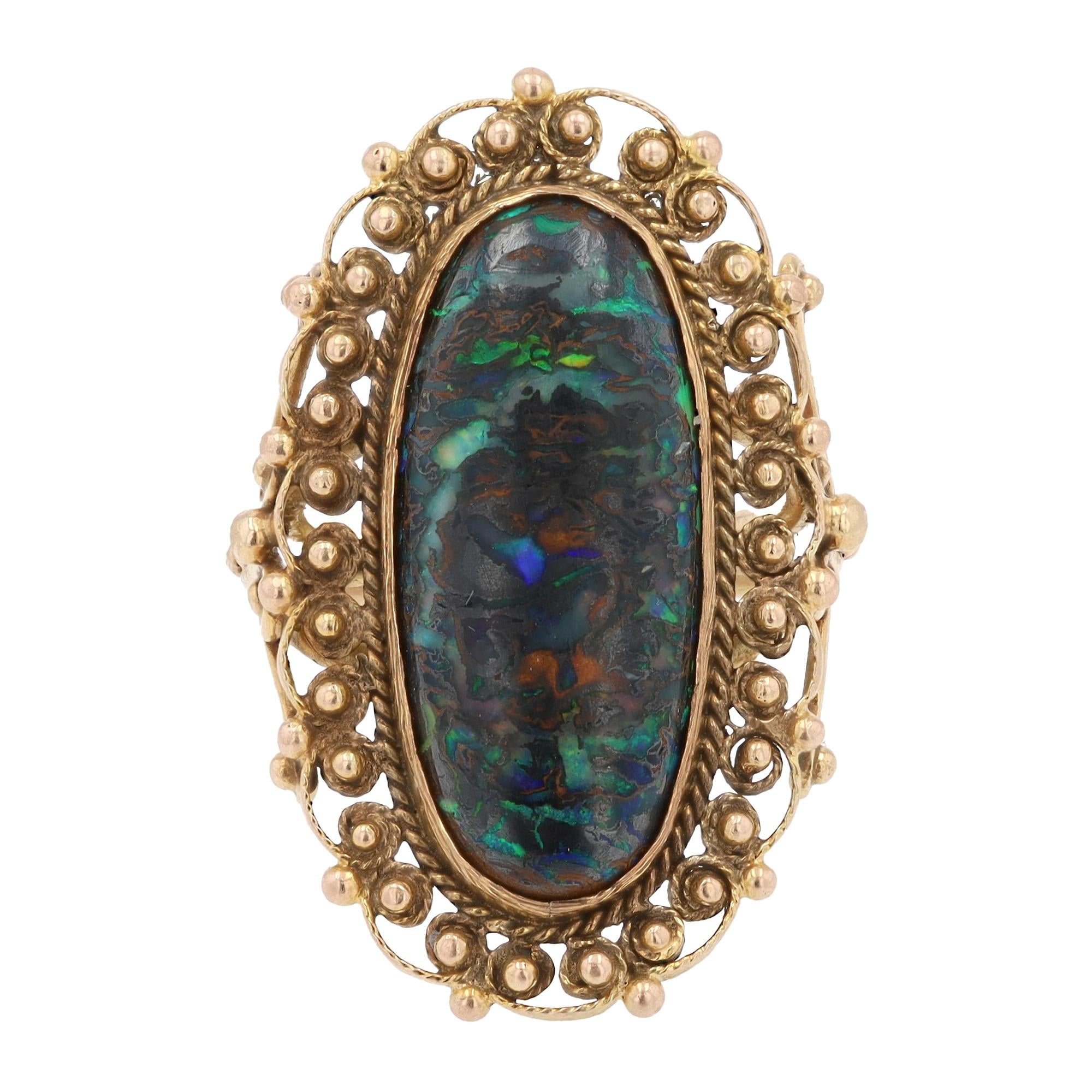 Art Nouveau 7 Carat Boulder Opal 14k Filigree Dinner Ring