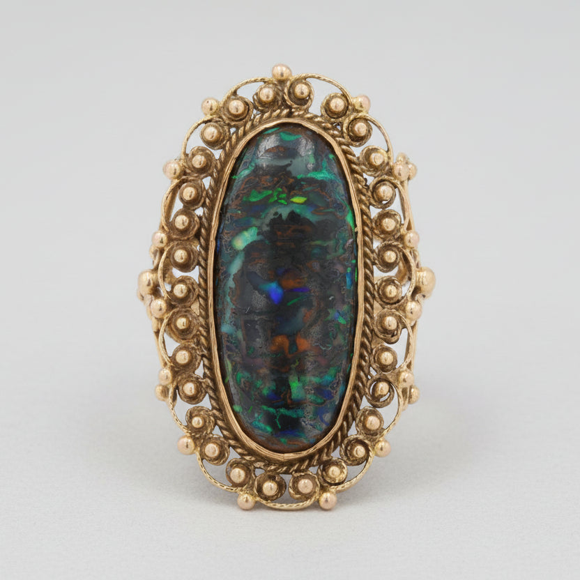 Art Nouveau 7 Carat Boulder Opal 14k Filigree Dinner Ring