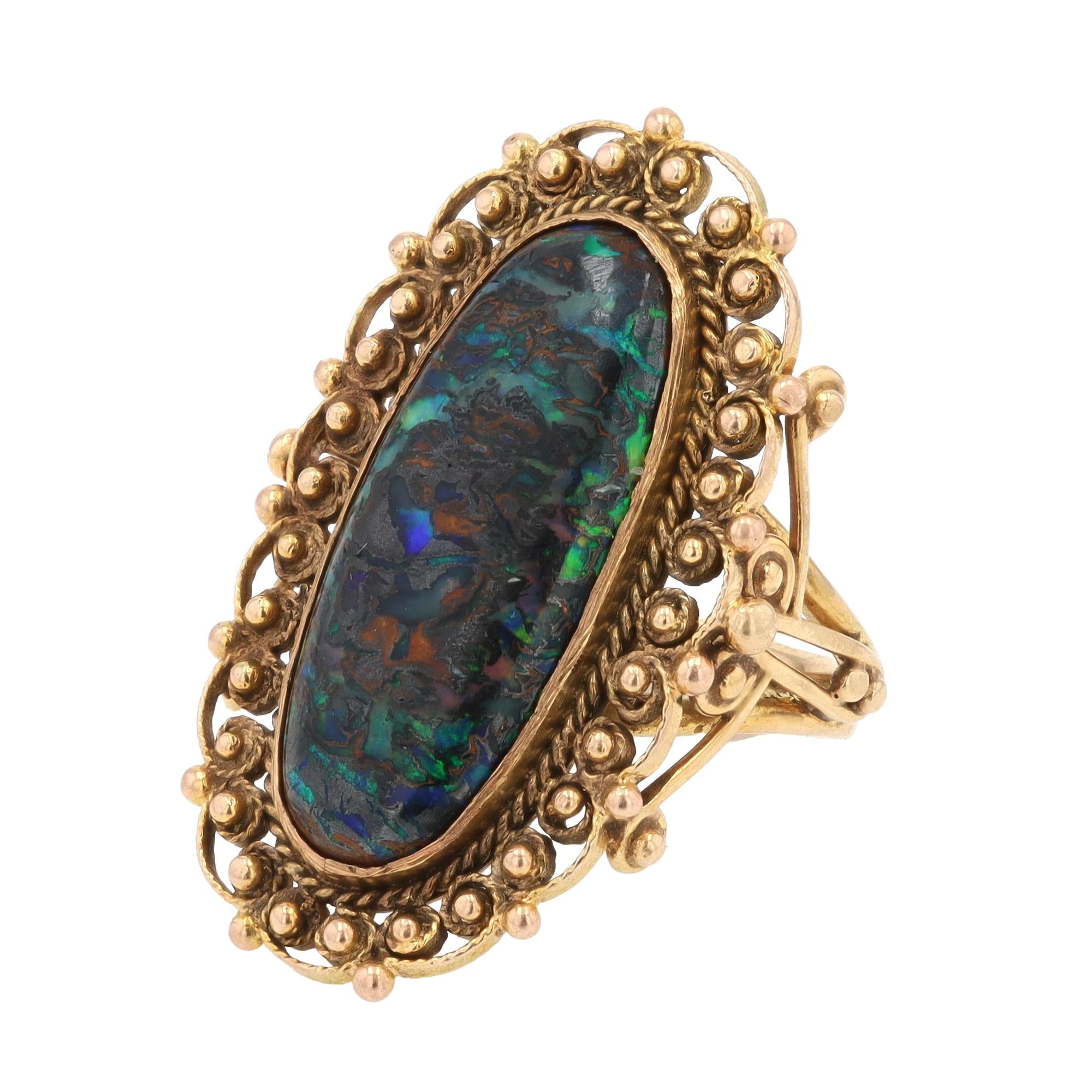 Art Nouveau 7 Carat Boulder Opal 14k Filigree Dinner Ring