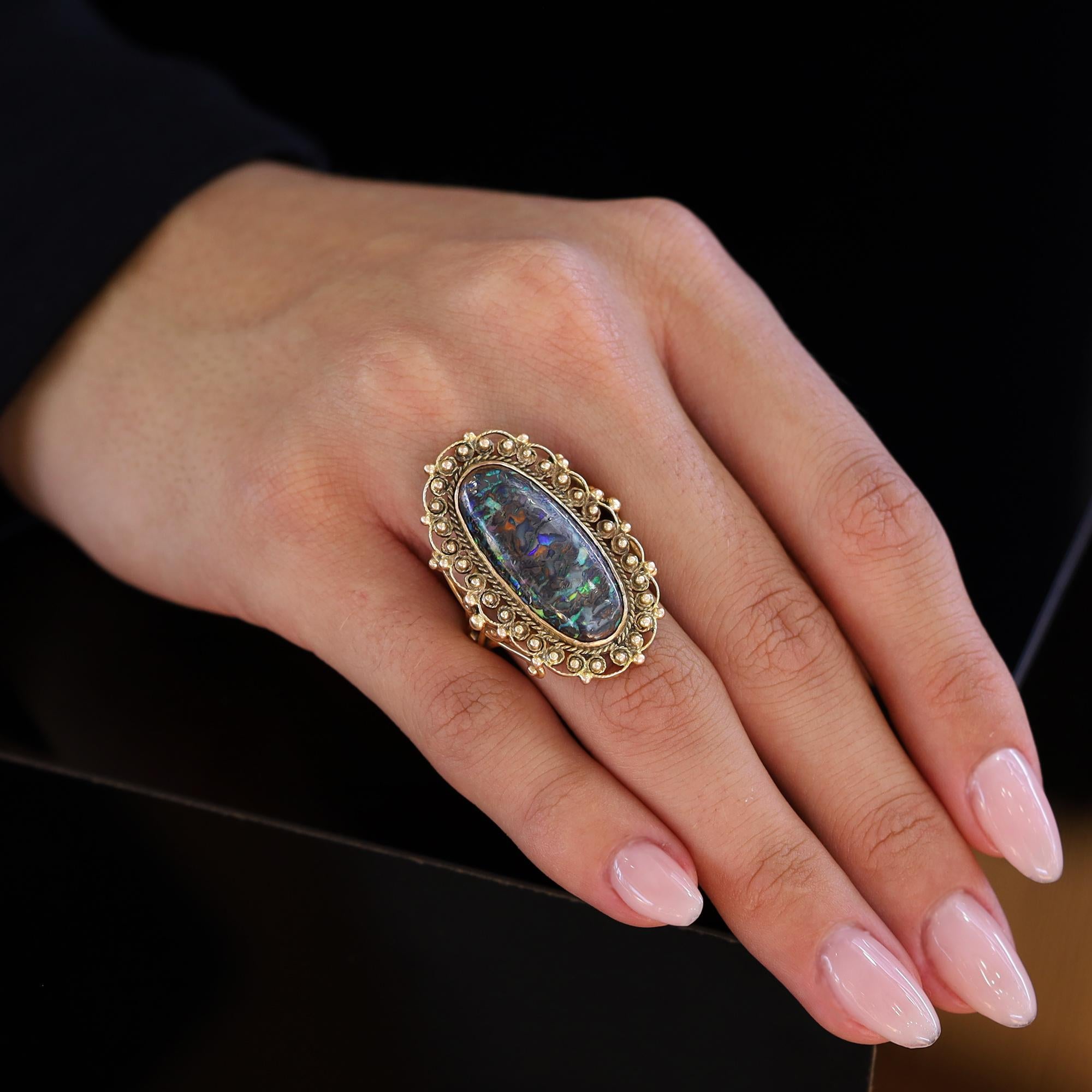Art Nouveau 7 Carat Boulder Opal 14k Filigree Dinner Ring