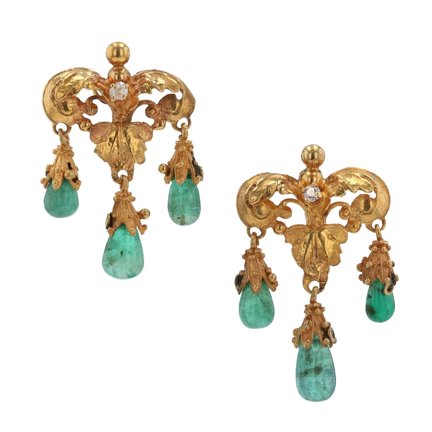 Antique Art Nouveau Emerald & 18k Gold Dangle Earrings