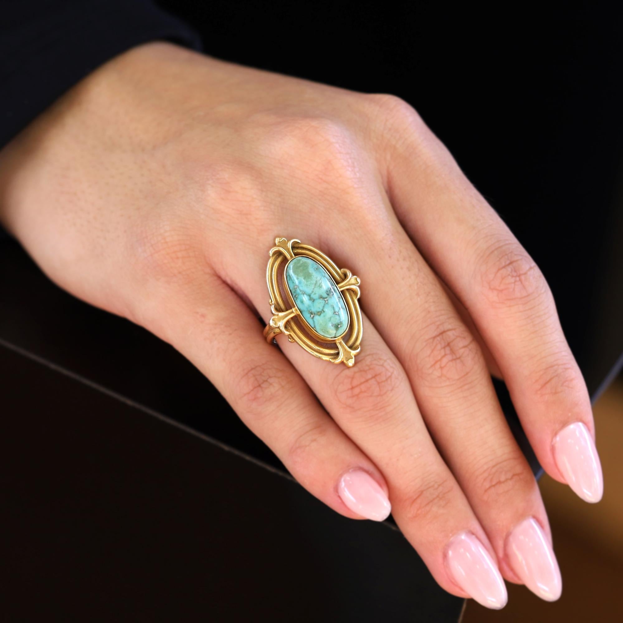 Art Nouveau Turquoise and 14k Gold Fleur-De-Lis Ring
