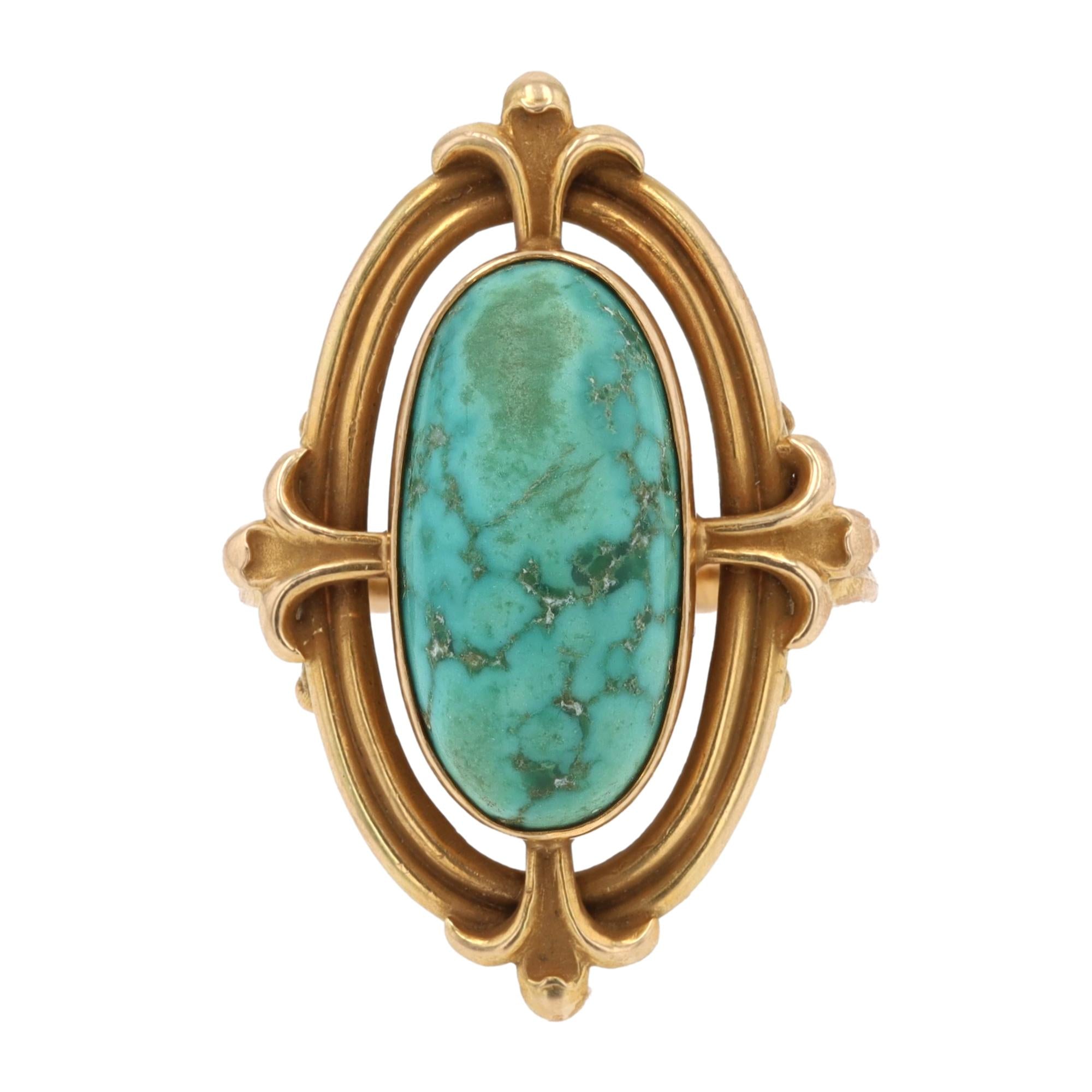 Art Nouveau Turquoise and 14k Gold Fleur-De-Lis Ring