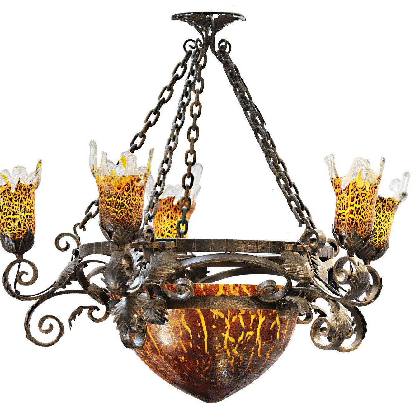 Art Nouveau Murano Glass 5 Arm Chandelier