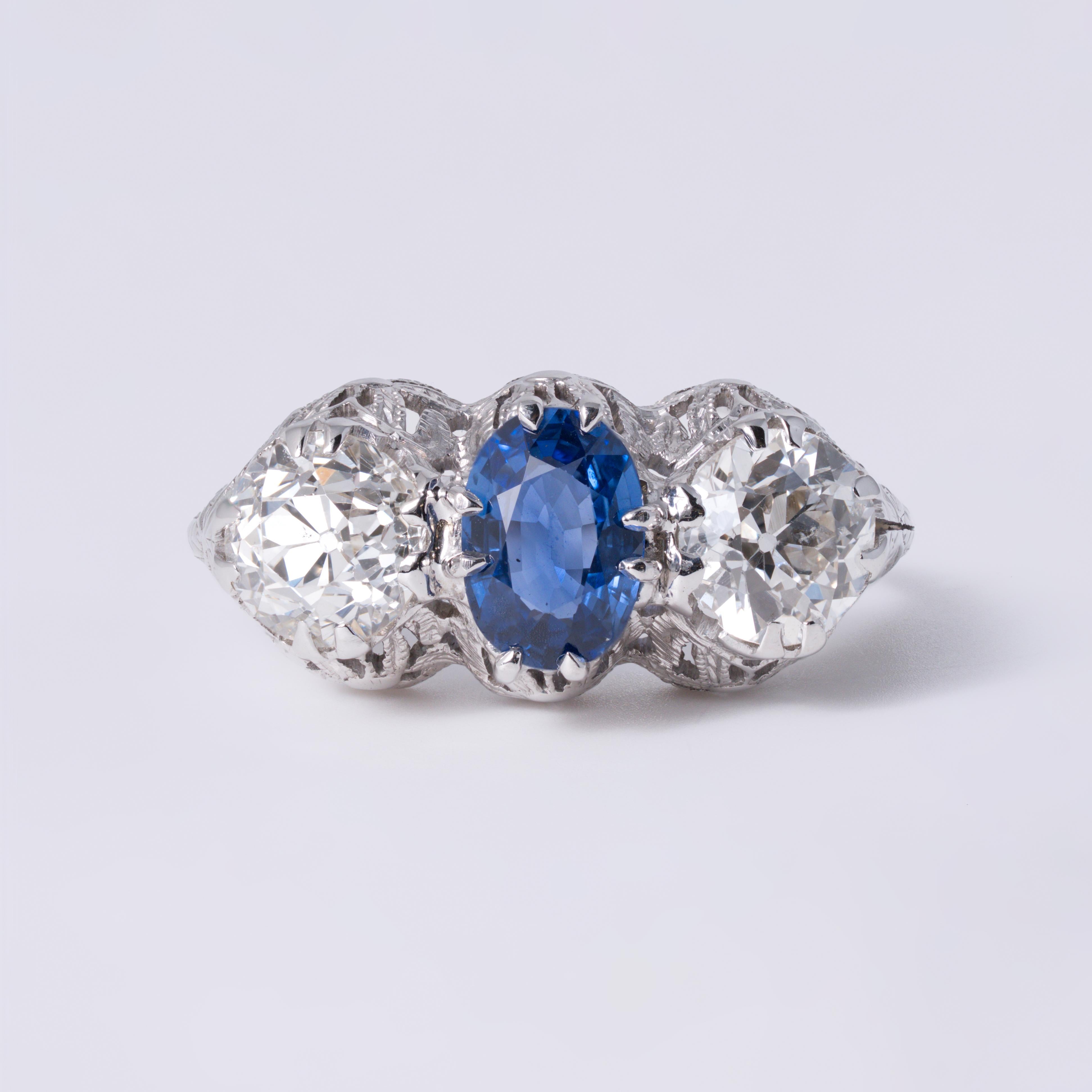 Antique Art Deco 2.78 Carat 3 Stone Diamond & Sapphire Filigree Engagement Ring