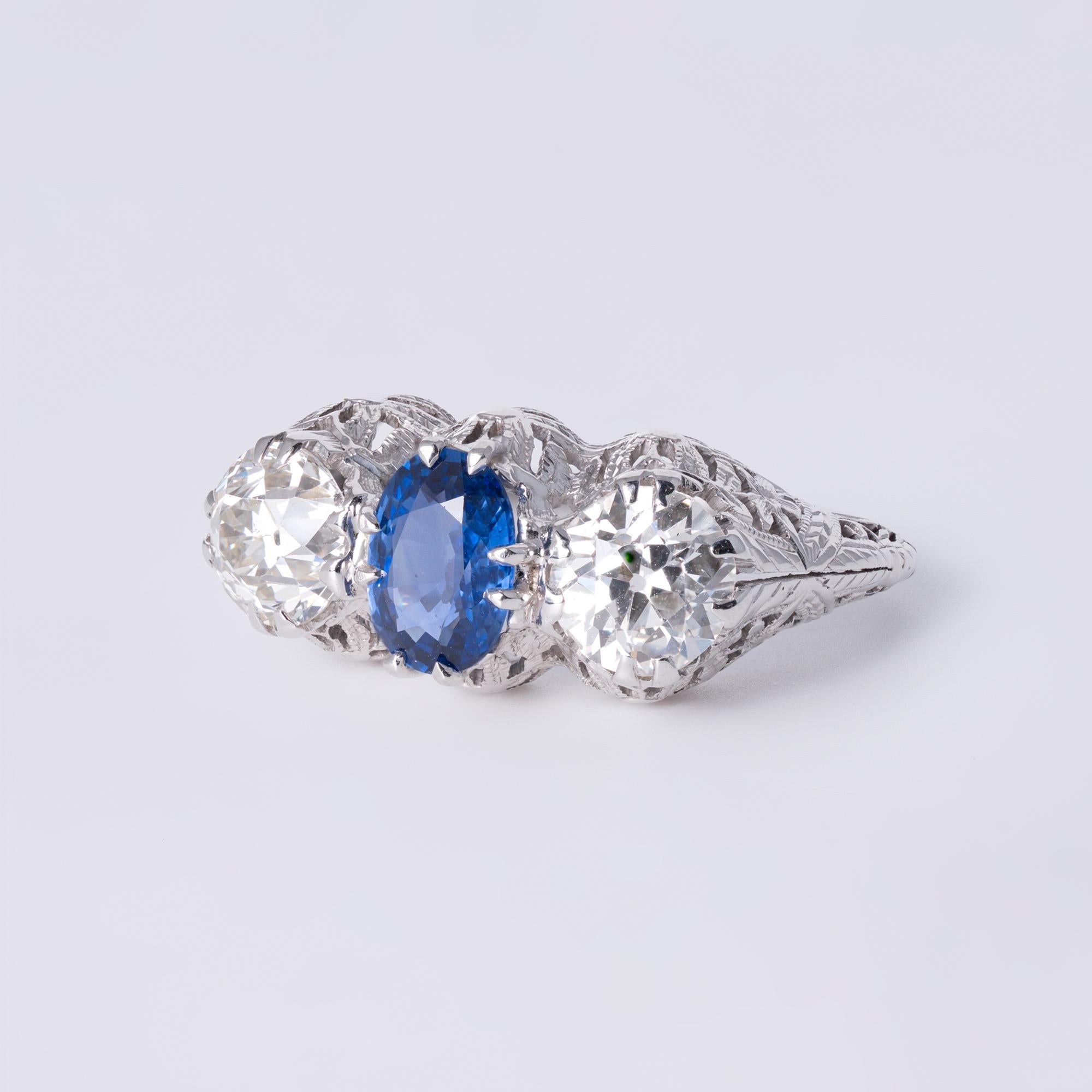 Antique Art Deco 2.78 Carat 3 Stone Diamond & Sapphire Filigree Engagement Ring