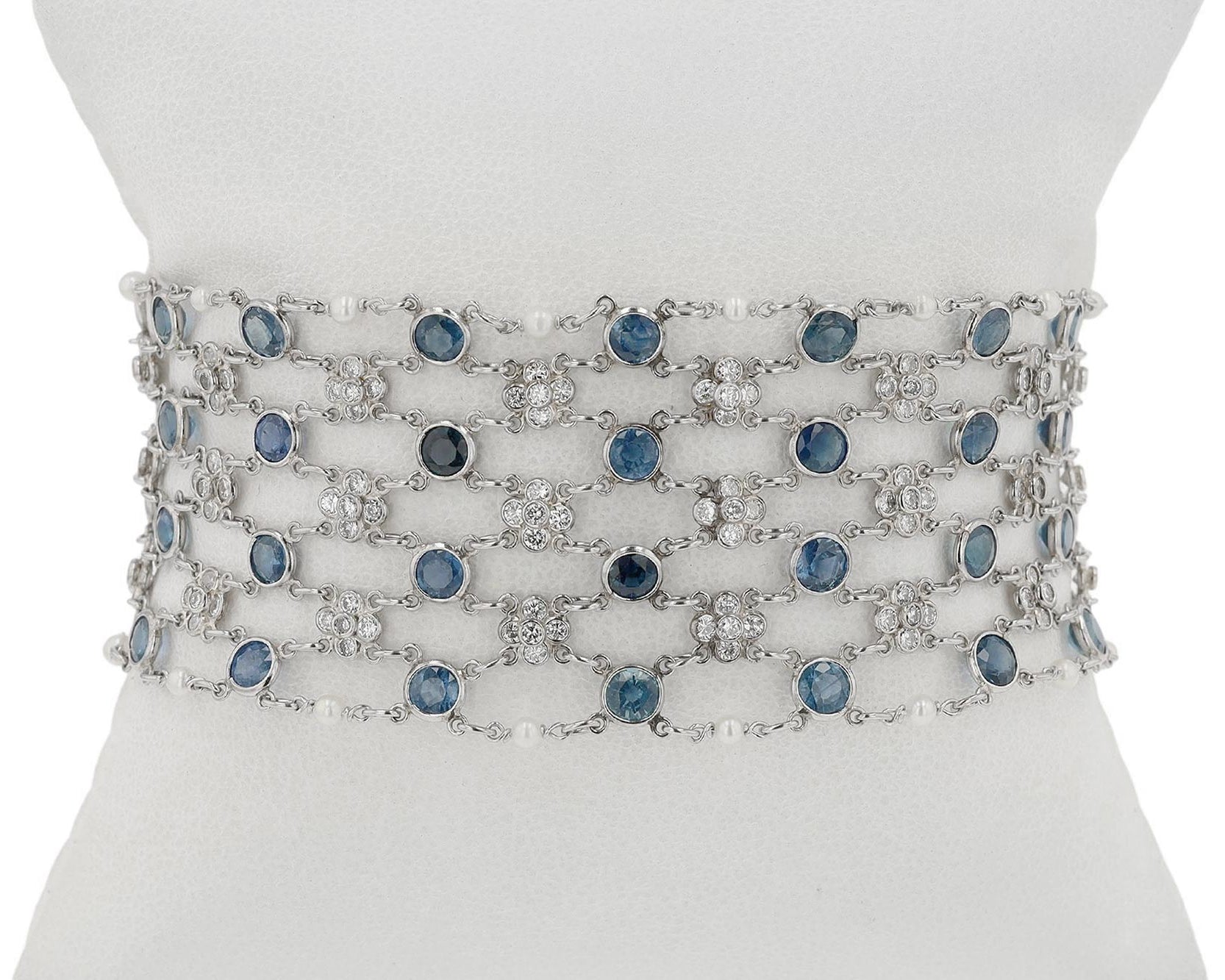Art Deco Diamond Sapphire Platinum Mesh Bracelet