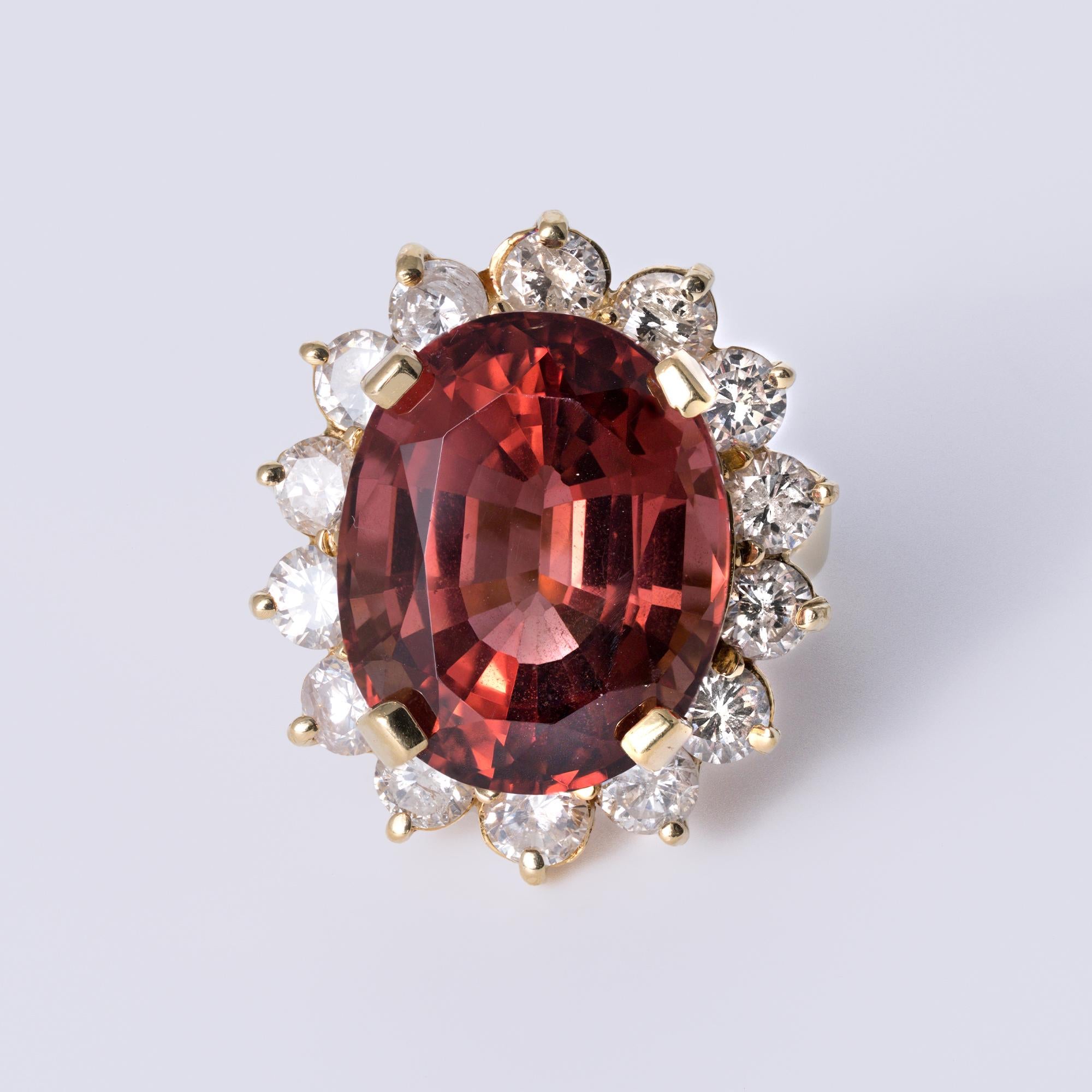Estate 14 Carat Red Orange Tourmaline & Diamond Halo Cocktail Ring