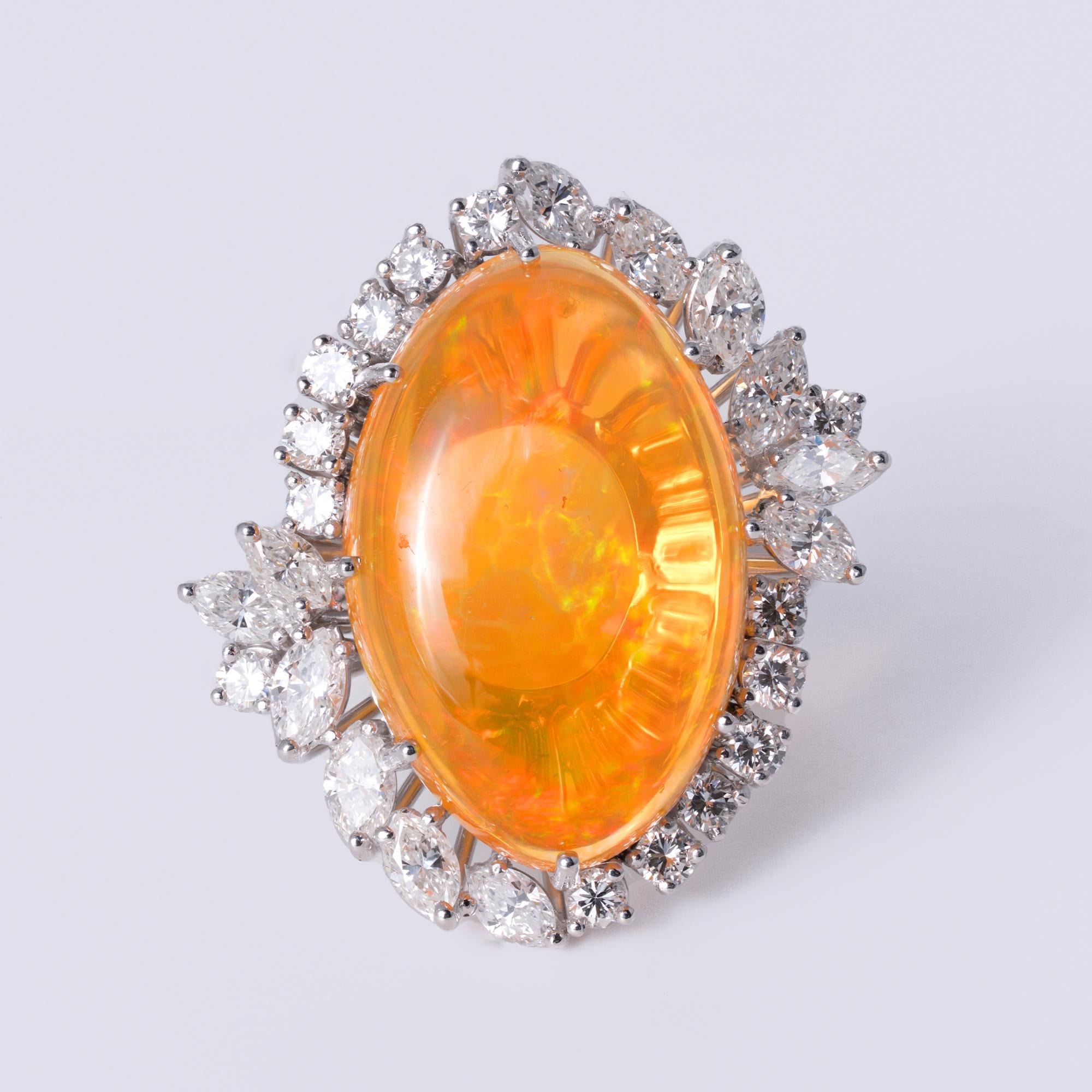 Mid Century Mexican Fire Opal & Diamond Grand Cocktail Ring
