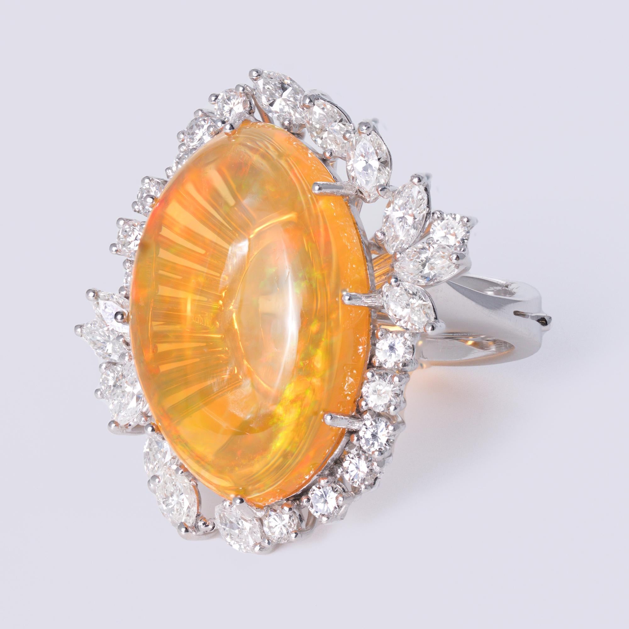 Mid Century Mexican Fire Opal & Diamond Grand Cocktail Ring