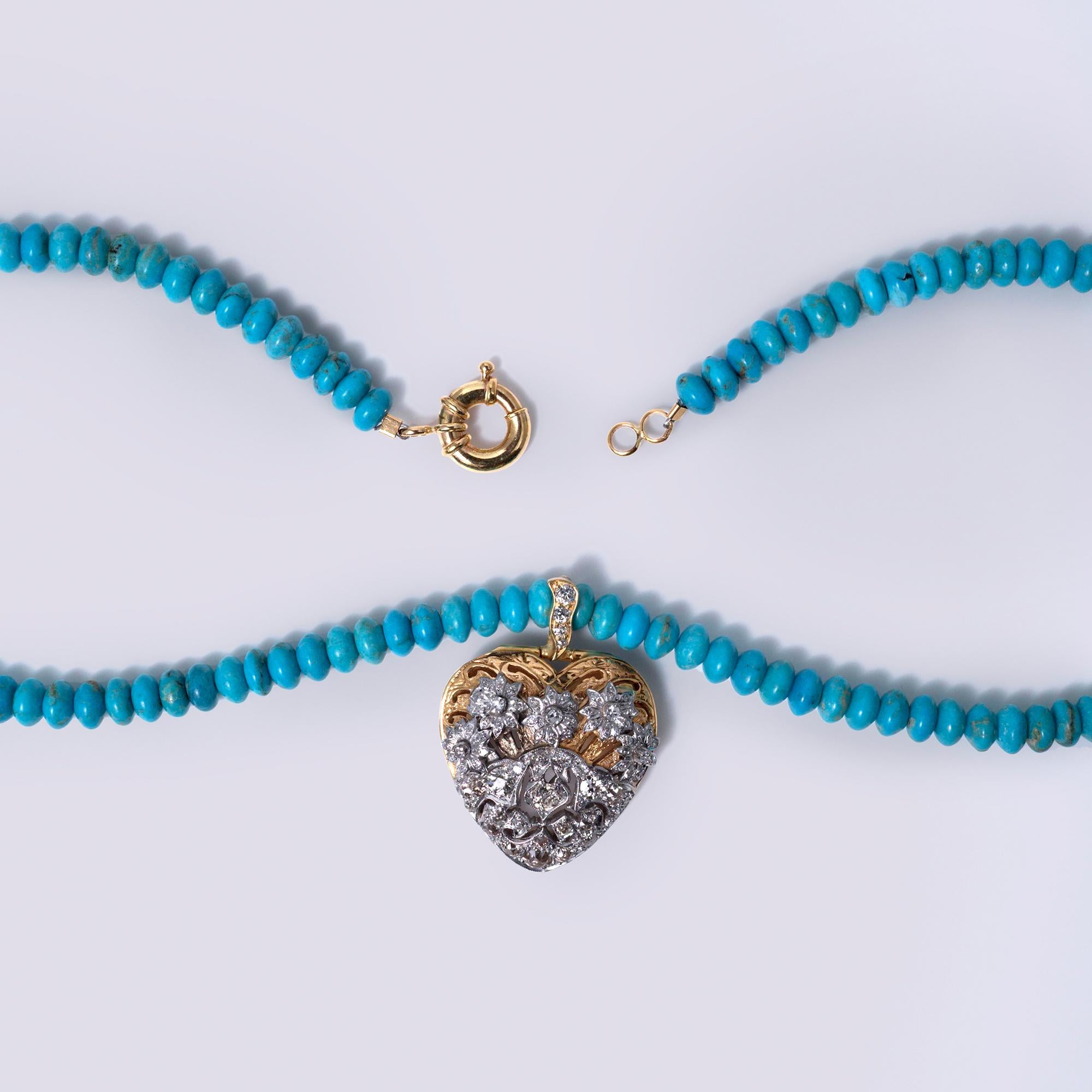 Antique Edwardian 14K Gold & Platinum Diamond Heart Turquoise Bead Necklace