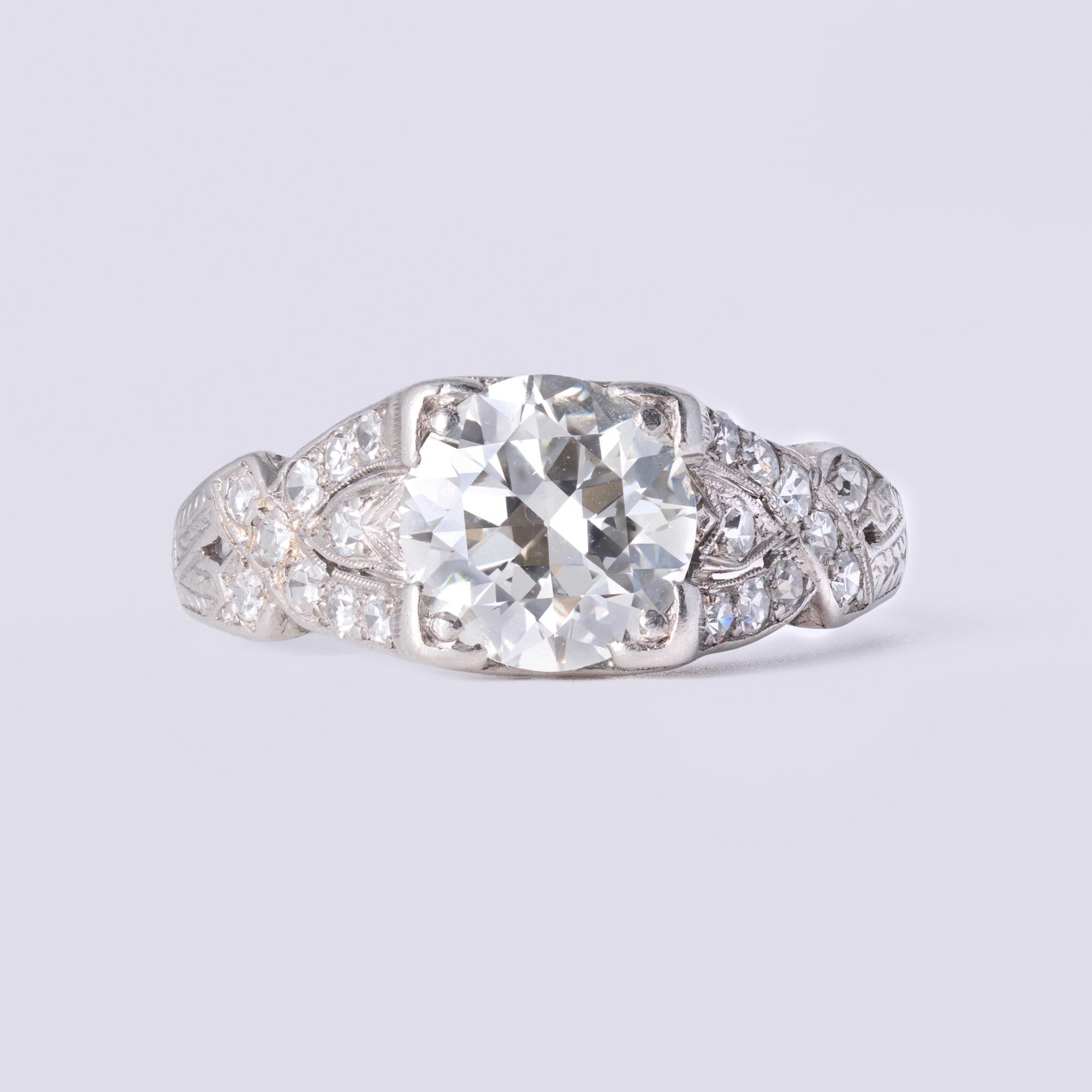 Antique Art Deco 1.64 Carat Old European Cut Diamond Engraved Engagement Ring
