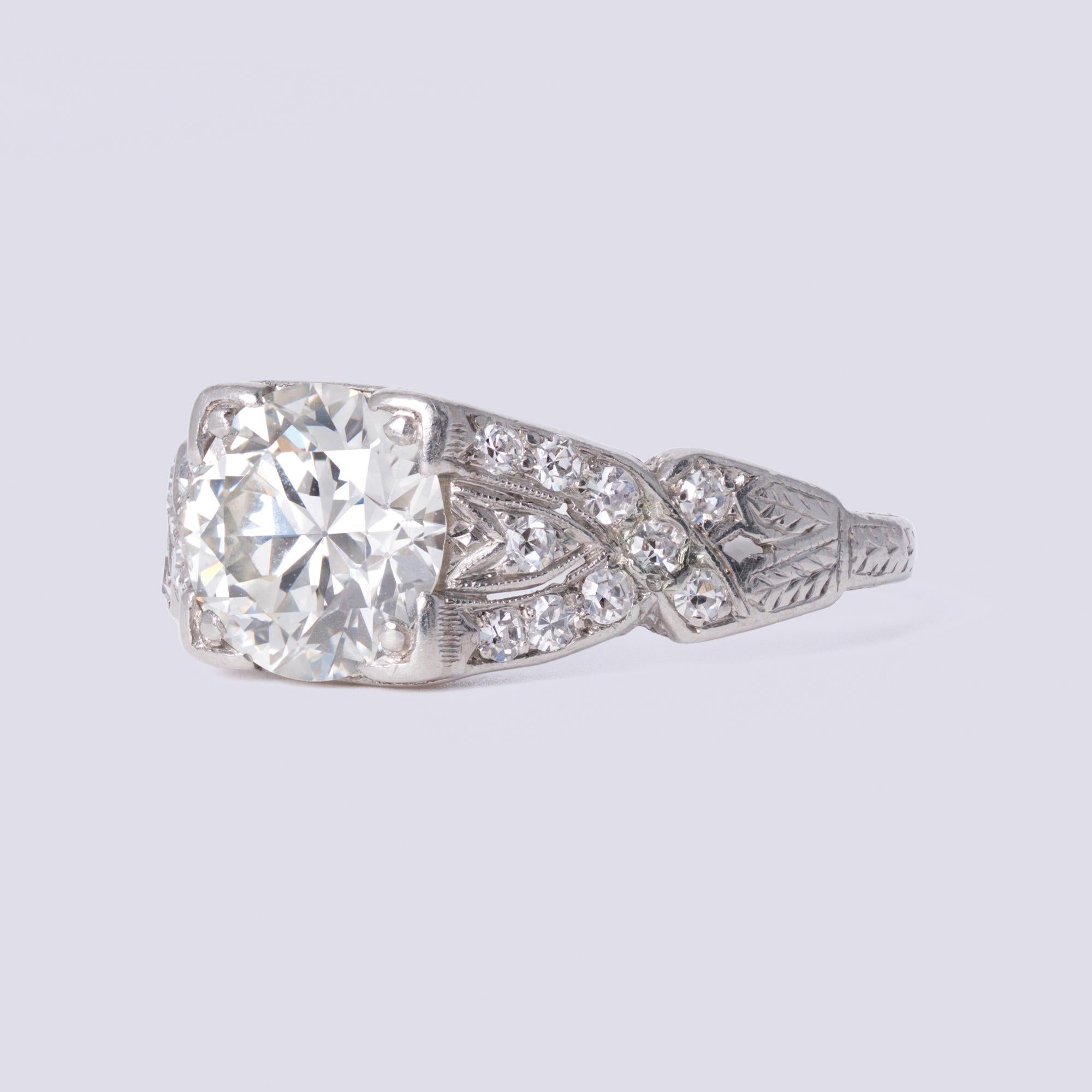 Antique Art Deco 1.64 Carat Old European Cut Diamond Engraved Engagement Ring