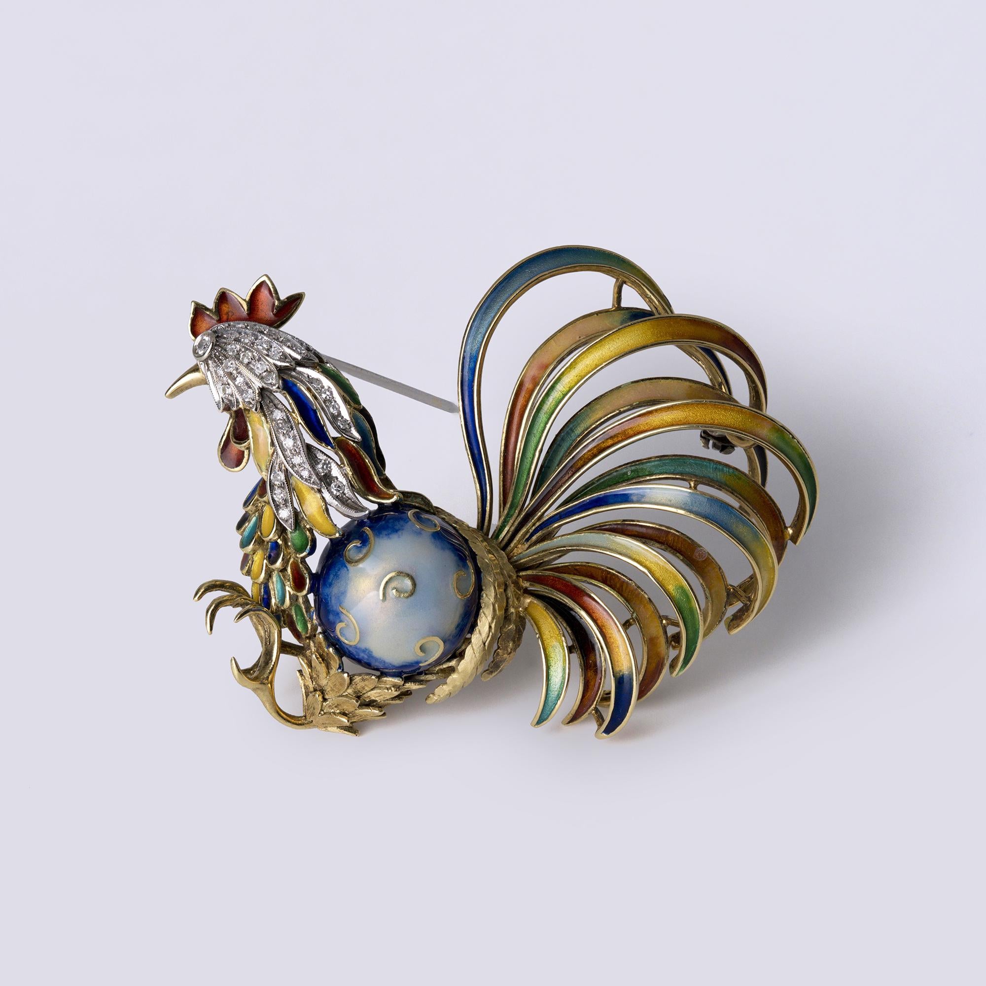 RDY Italian 18k Gold Retro Rooster Pin Enamel & Diamond Brooch
