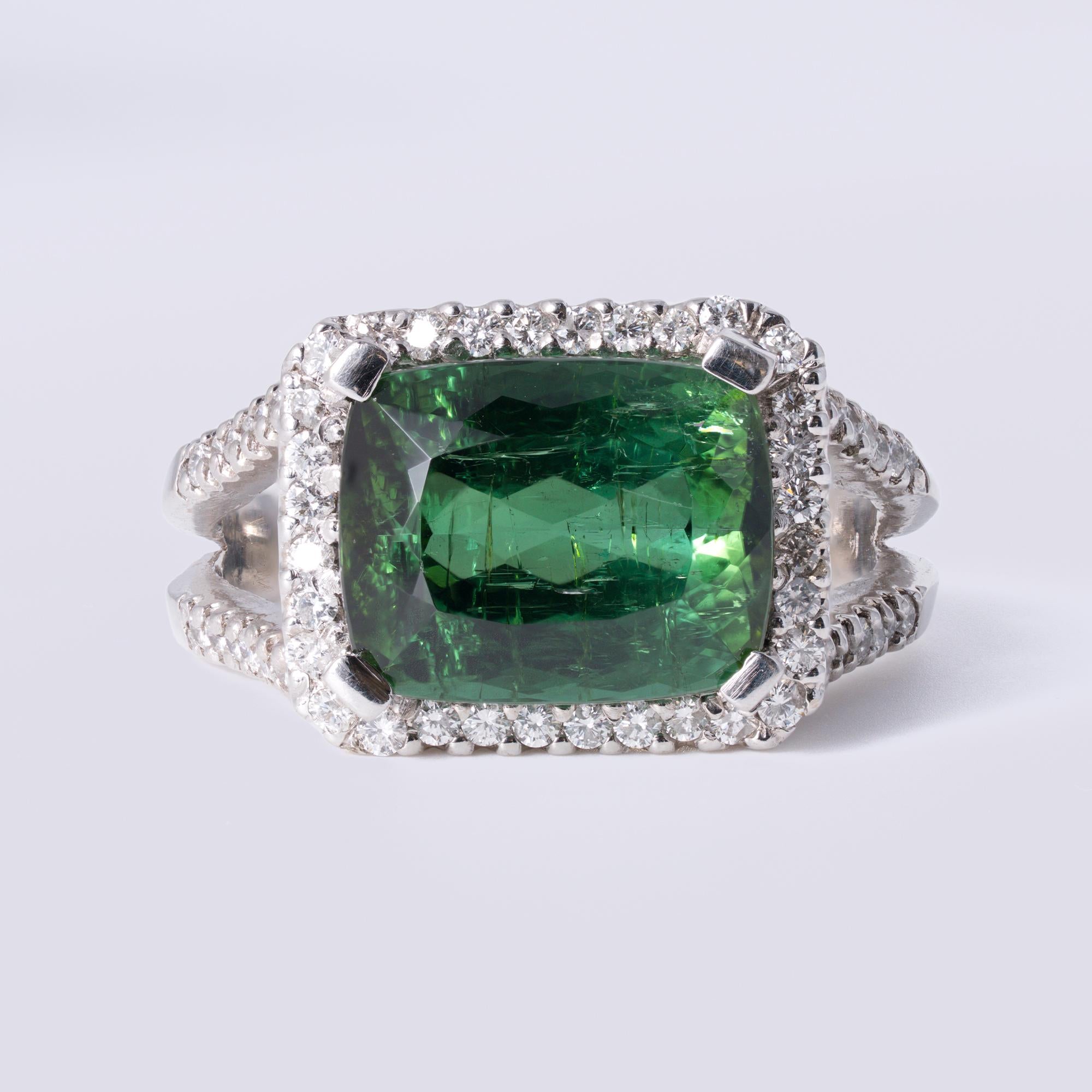 6.31 Carat Green Tourmaline Cushion and Diamond Estate East-West Ring